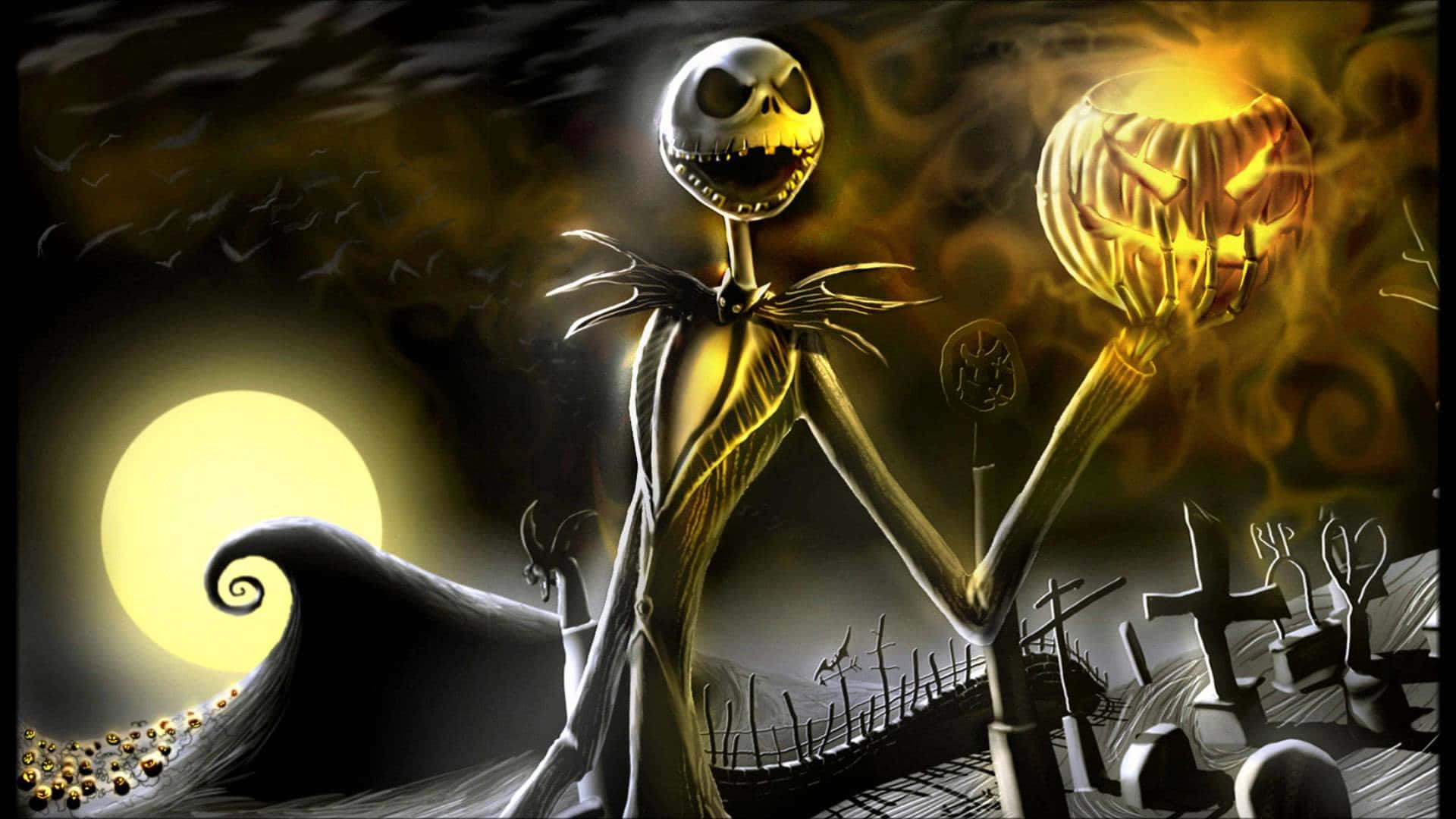 傑克·史克林頓 桌布 壁紙 — Jack Skellington 在滿月下的陰森墓地中手持一個發光的南瓜燈。