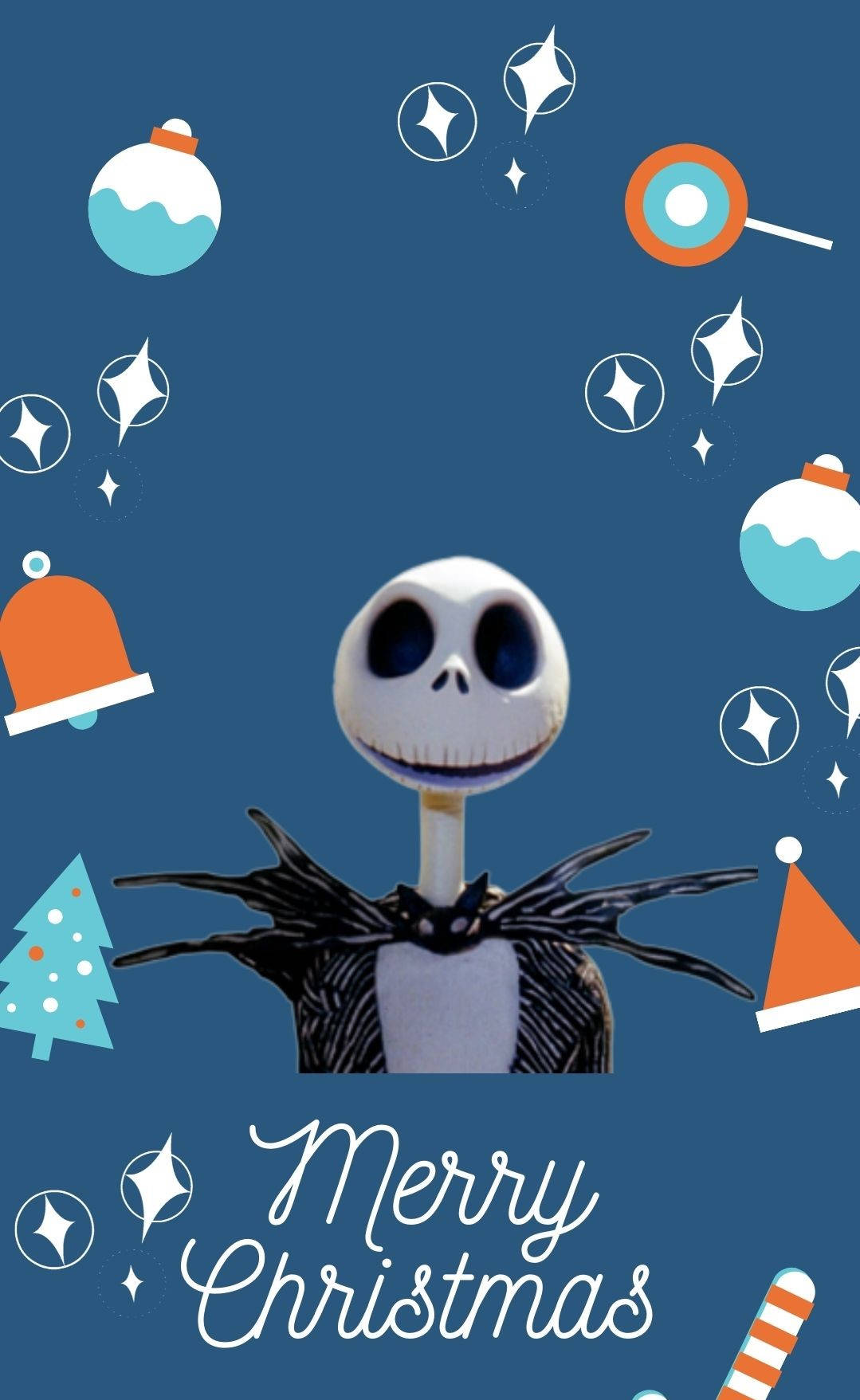 Scary Christmas 桌布 壁紙 — Jack Skellington 在深藍色背景上，於漂浮的聖誕裝飾和星星之間開心地微笑。