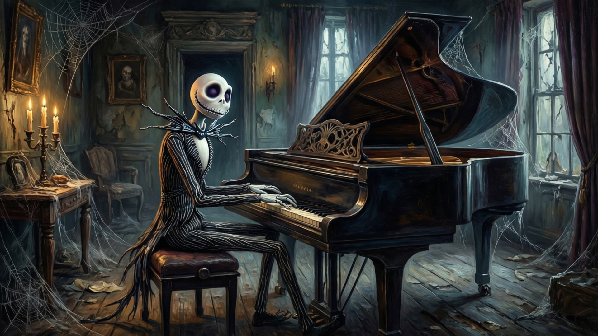 The Piano King 壁紙 — Jack Skellington 在一個佈滿蜘蛛網的哥德式客廳裡，在燭光和骯髒的窗戶照射下彈奏一部三角鋼琴。