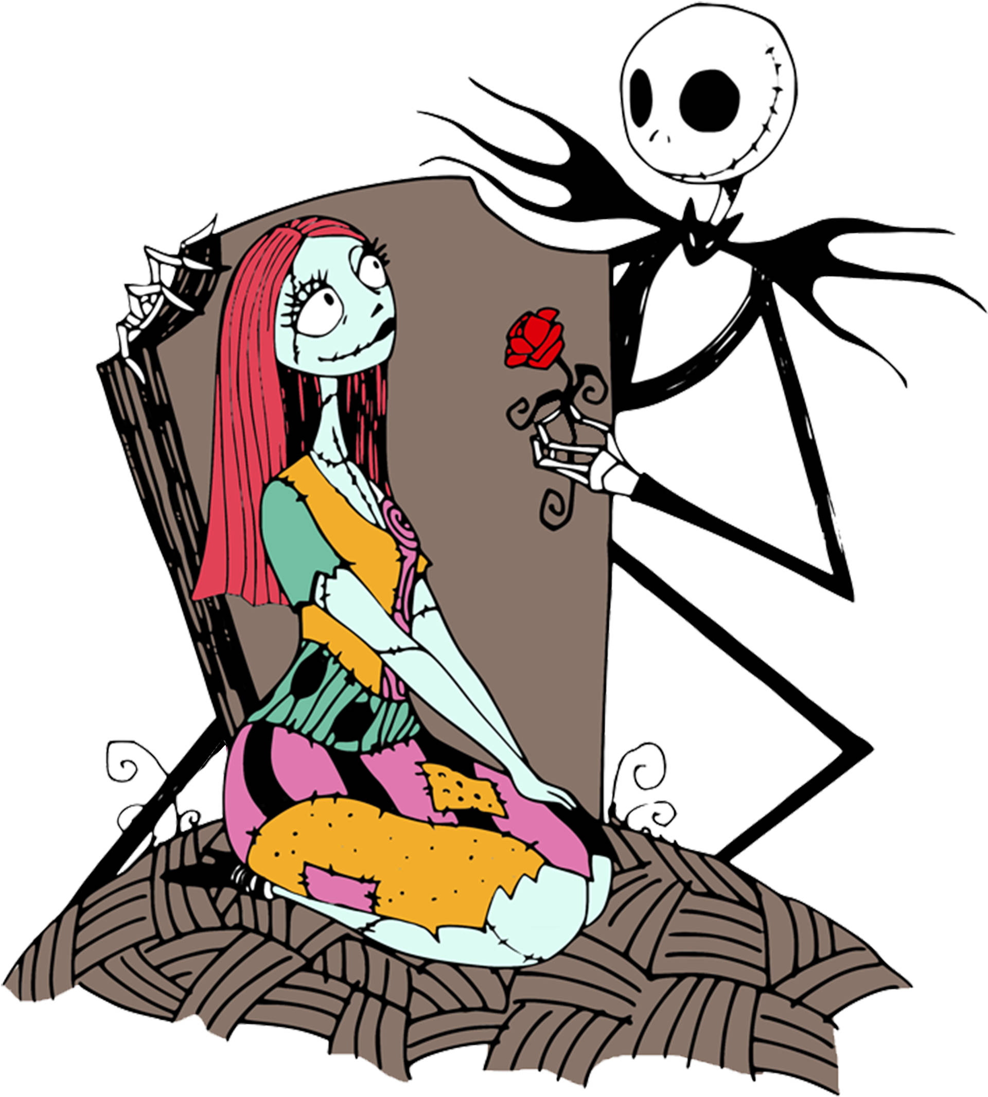 Sally 桌布 壁紙 — Jack Skellington 在一個奇特的萬聖節卡通場景中向 Sally 獻上一朵紅玫瑰。