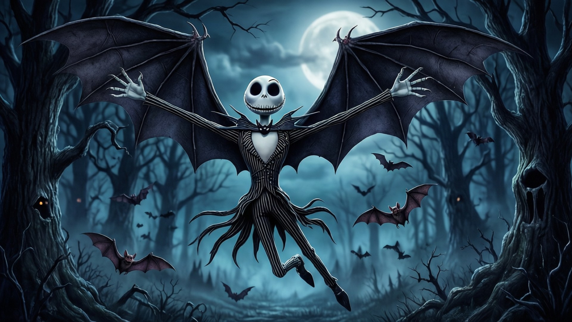 桌布 壁紙 — Jack Skellington 在月光下的鬧鬼森林中翱翔，蝙蝠翅膀張開，蝙蝠在他周圍飛舞。