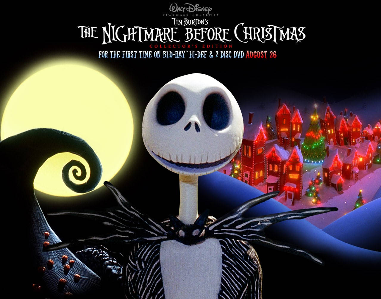 Scary Christmas 桌布 壁紙 — Jack Skellington 站在發光的月亮前，身後是被溫暖燈光照亮的雪村。