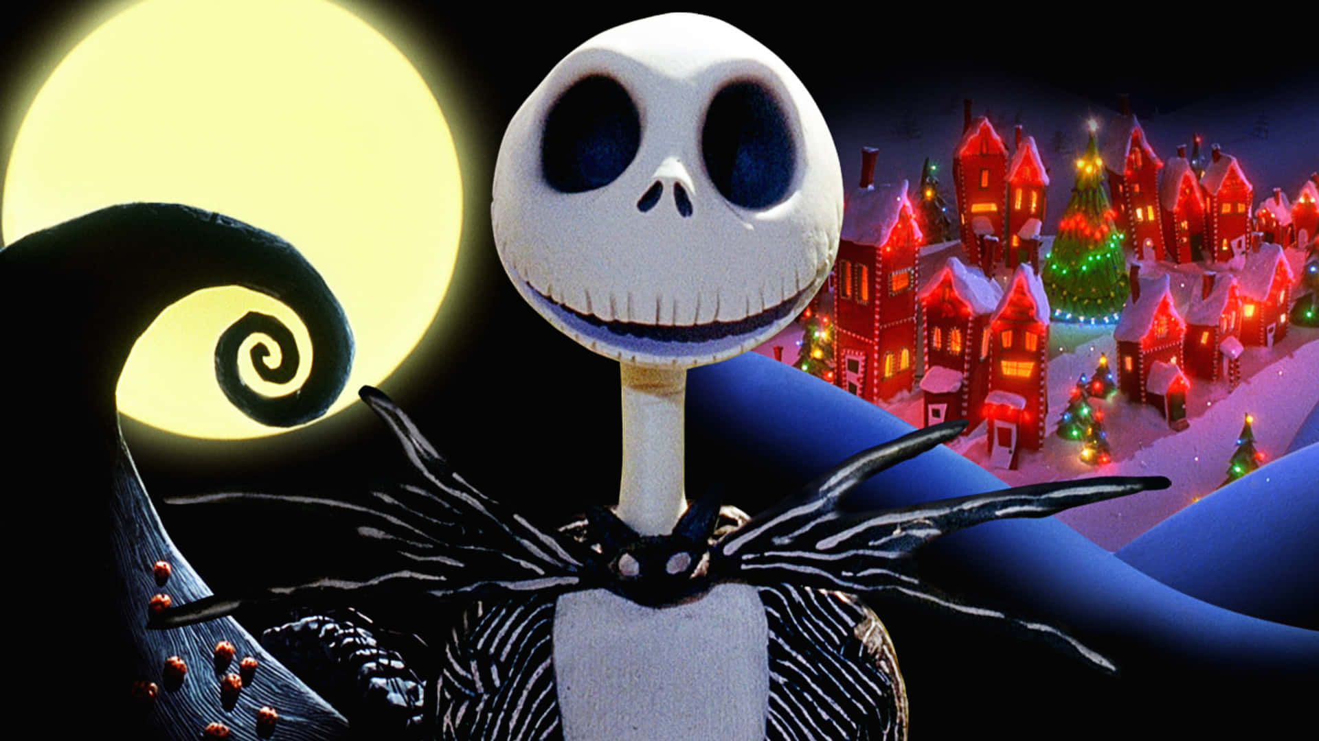 傑克·史克林頓 桌布 壁紙 — Jack Skellington 站在發光的月亮前，身後是一個節日氣氛、白雪覆蓋的小鎮在發光。
