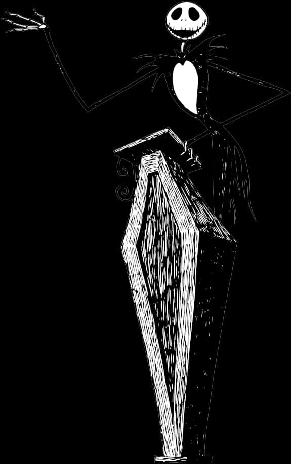 傑克·史克林頓 桌布 壁紙 — Jack Skellington 站在棺材上，以黑白線條風格呈現，露出詭異的笑容。
