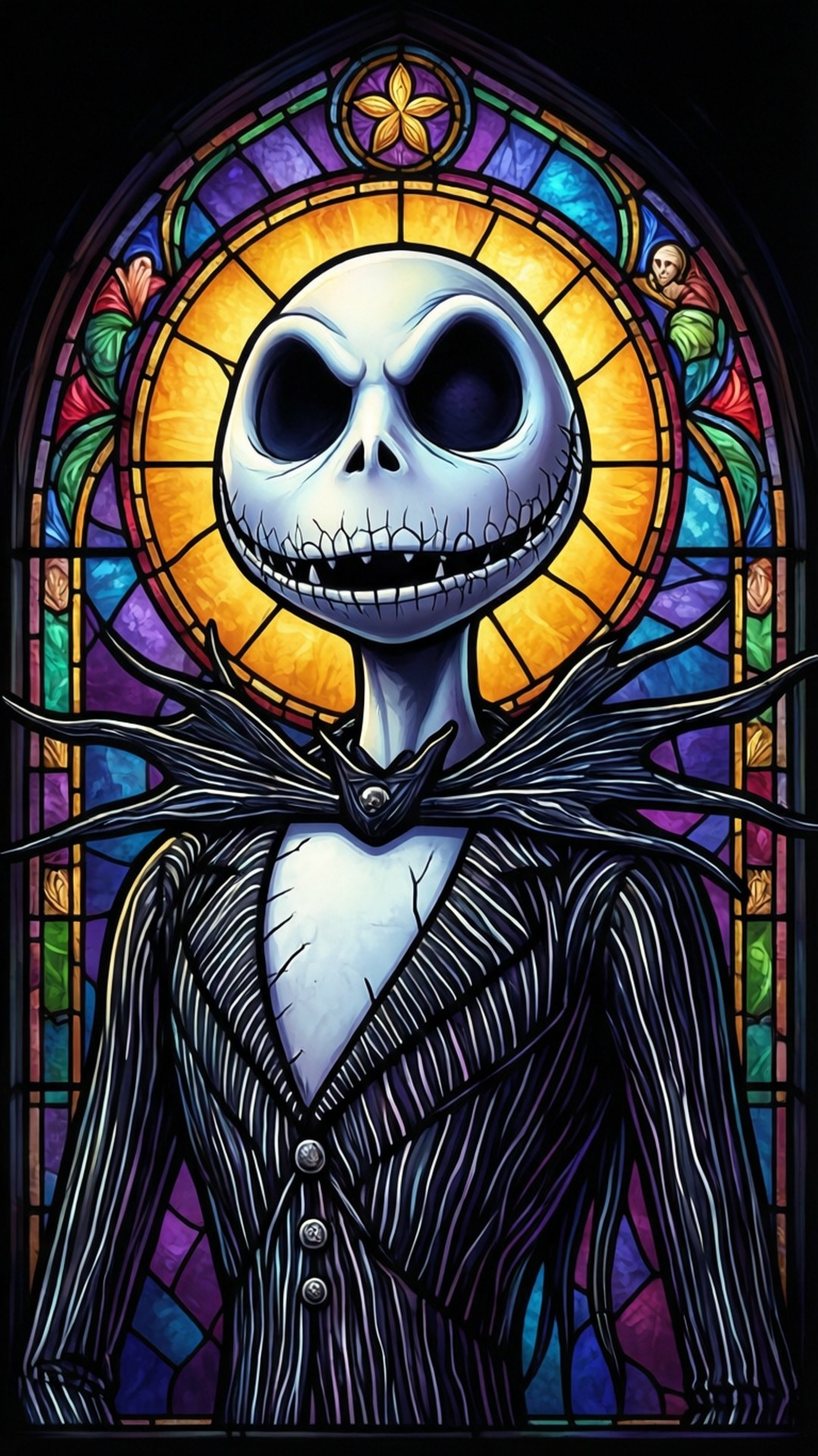 傑克·史克林頓 桌布 壁紙 — Jack Skellington 站在色彩鮮豔的彩繪玻璃窗中，頭骨後方有耀眼的光環。