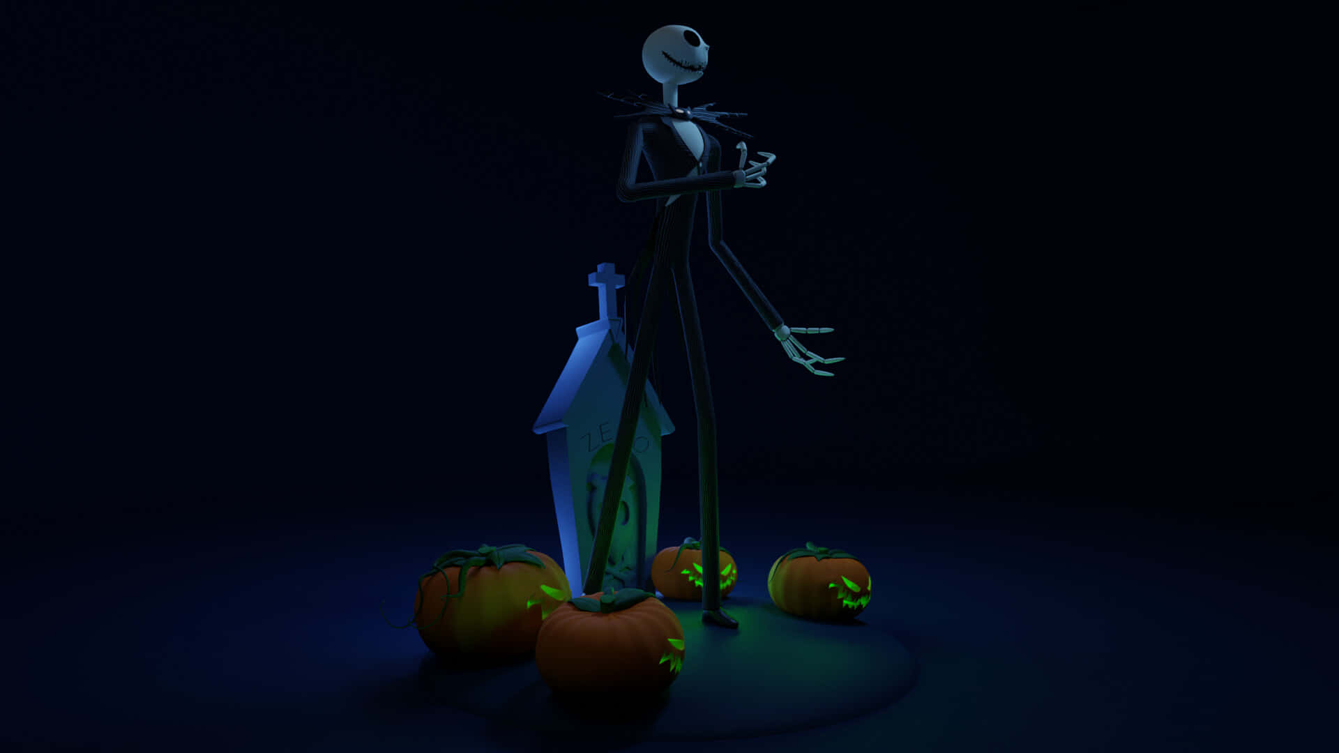 傑克·史克林頓 桌布 壁紙 — Jack Skellington 站在深藍色虛空中，旁邊有發光的墓碑和雕刻南瓜。