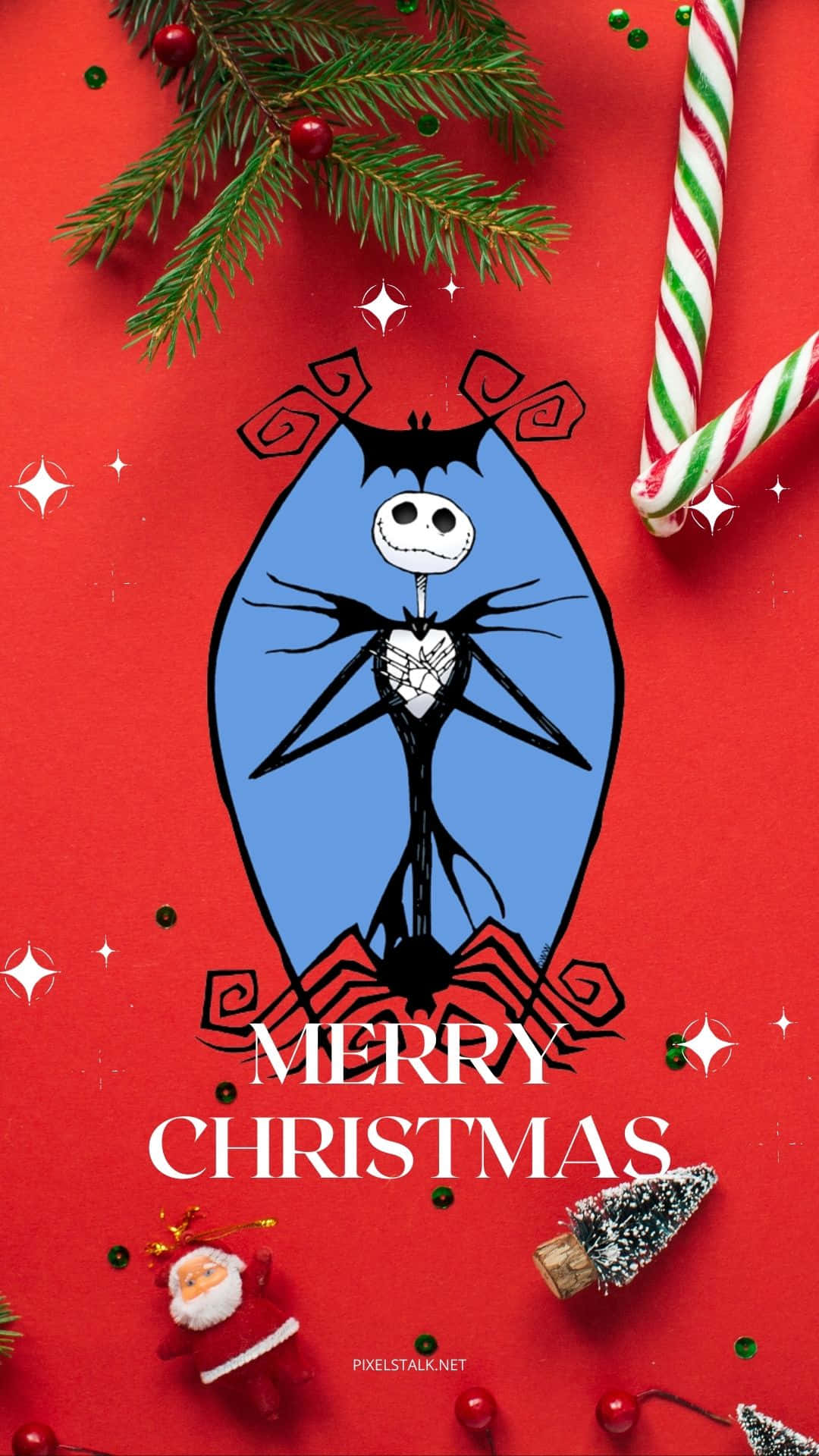 Nightmare Before Christmas Phone 桌布 壁紙 — Jack Skellington 站在一個藍色橢圓形內，背景為紅色，周圍環繞著聖誕裝飾和拐杖糖。