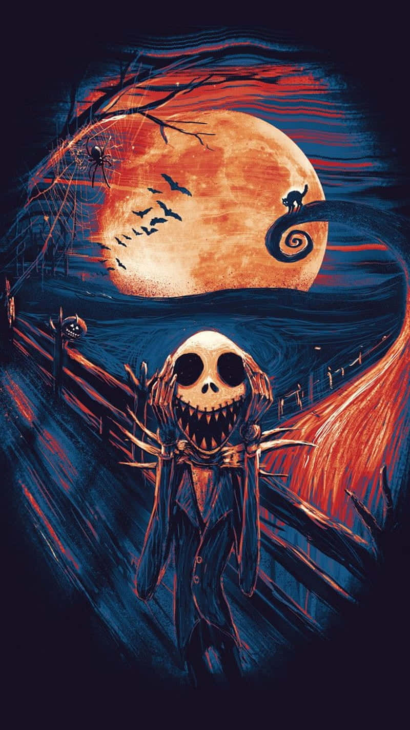 傑克·史克林頓 桌布 壁紙 — Jack Skellington 站在一個旋轉的橙色月亮前，蝙蝠飛翔，一隻貓棲息在月亮邊緣，背景是深藍色的天空。