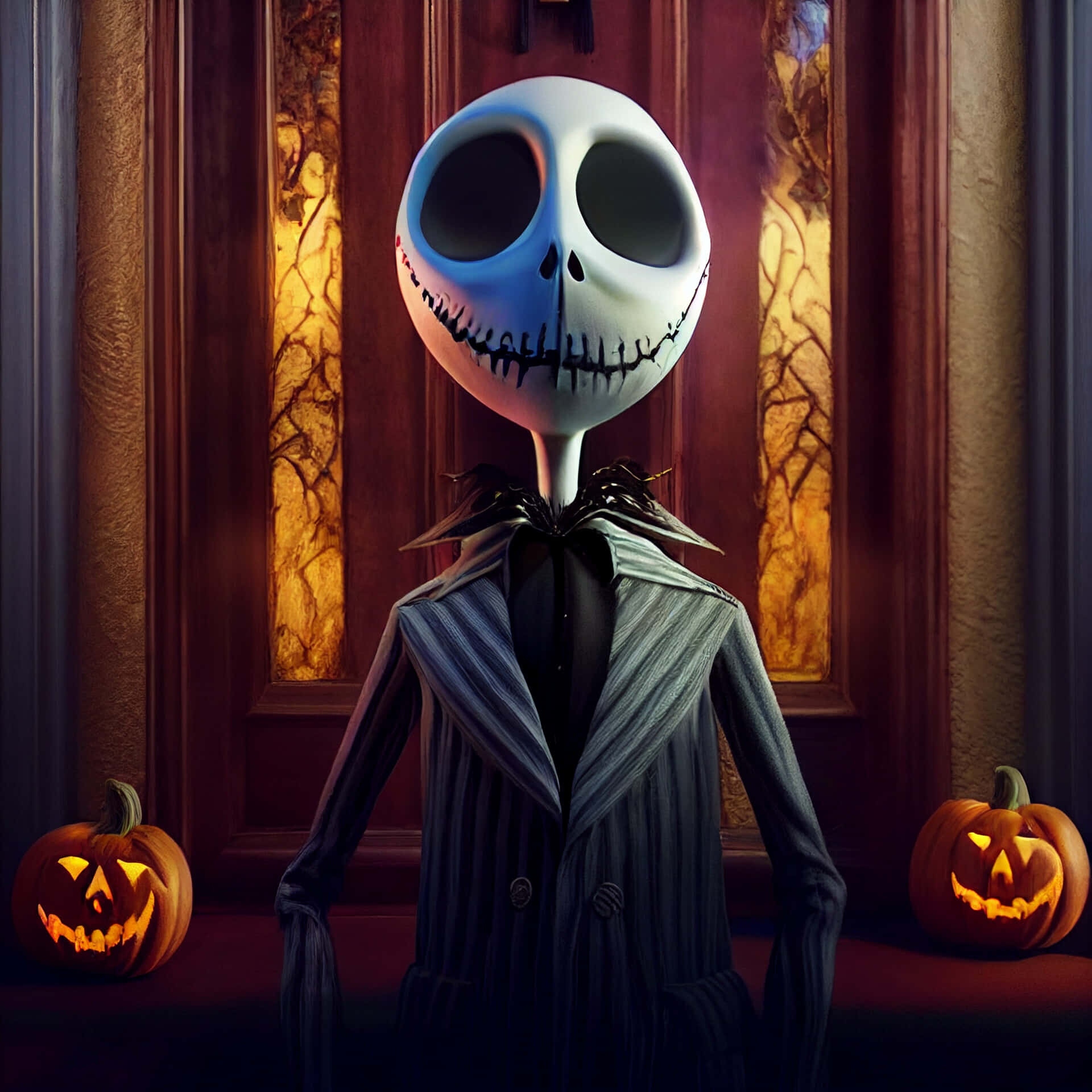 傑克·史克林頓 桌布 壁紙 — Jack Skellington 莊嚴地站在宏偉的門口，兩旁是溫暖琥珀色燈光下閃閃發光的南瓜燈。