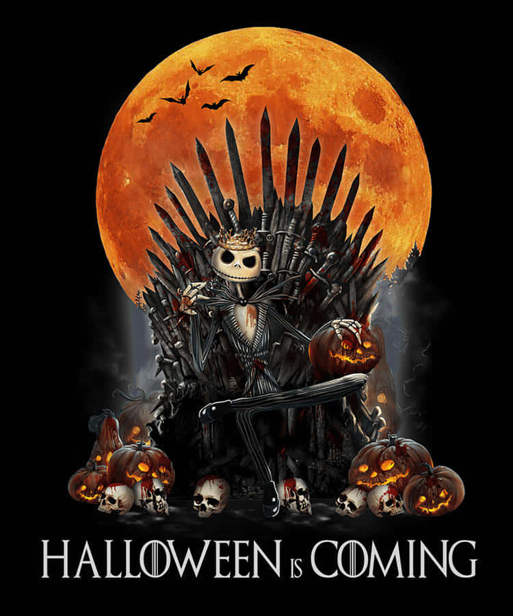 傑克·史克林頓 桌布 壁紙 — Jack Skellington 坐在劍王座上，下方是巨大的橙色月亮，周圍環繞著發光的南瓜和頭骨。
