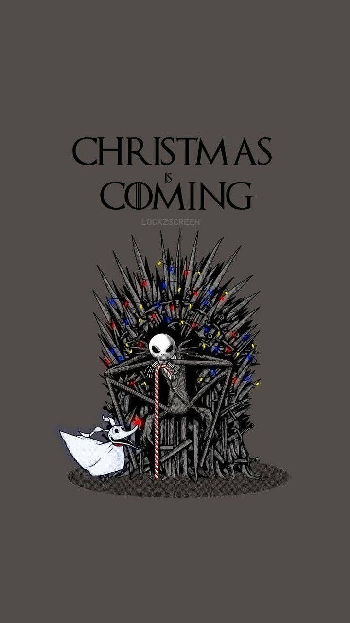 nightmare 桌布 壁紙 — Jack Skellington 坐在一把裝飾著聖誕燈飾的劍王座上，上方有文字 'CHRISTMAS IS COMING'。