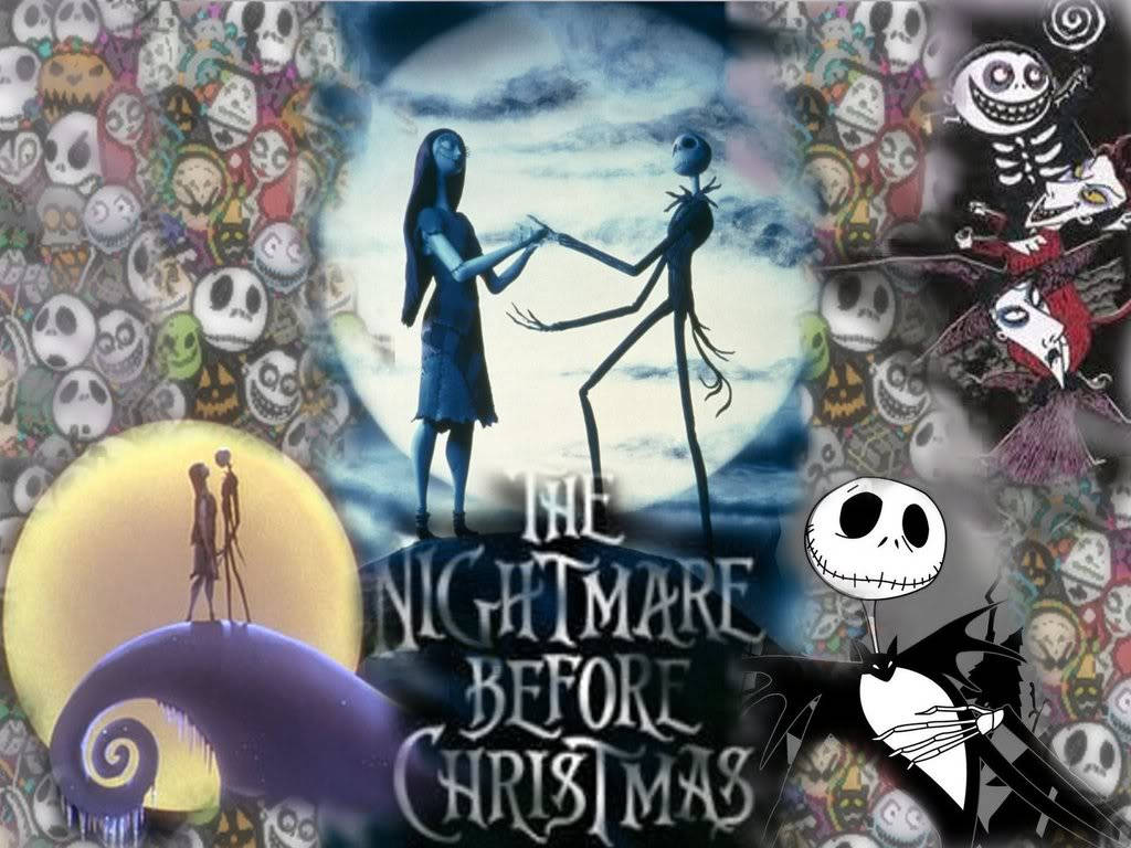 nightmare 桌布 壁紙 — Jack 和 Sally 在滿月下跳舞，周圍環繞著萬聖節主題的角色，營造出詭異的節日場景。