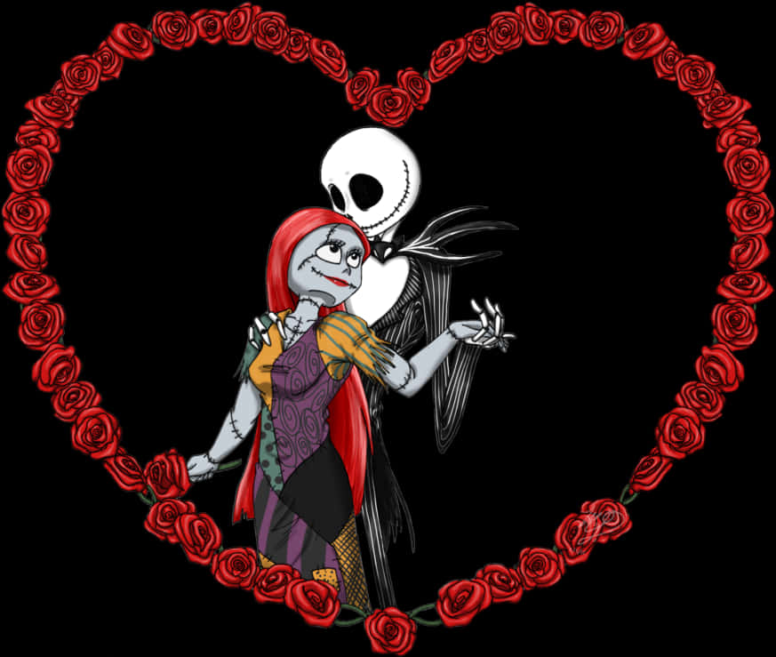 愛心 桌布 壁紙 — Jack 和 Sally 在黑色背景上由紅玫瑰組成的心形框架內擁抱。