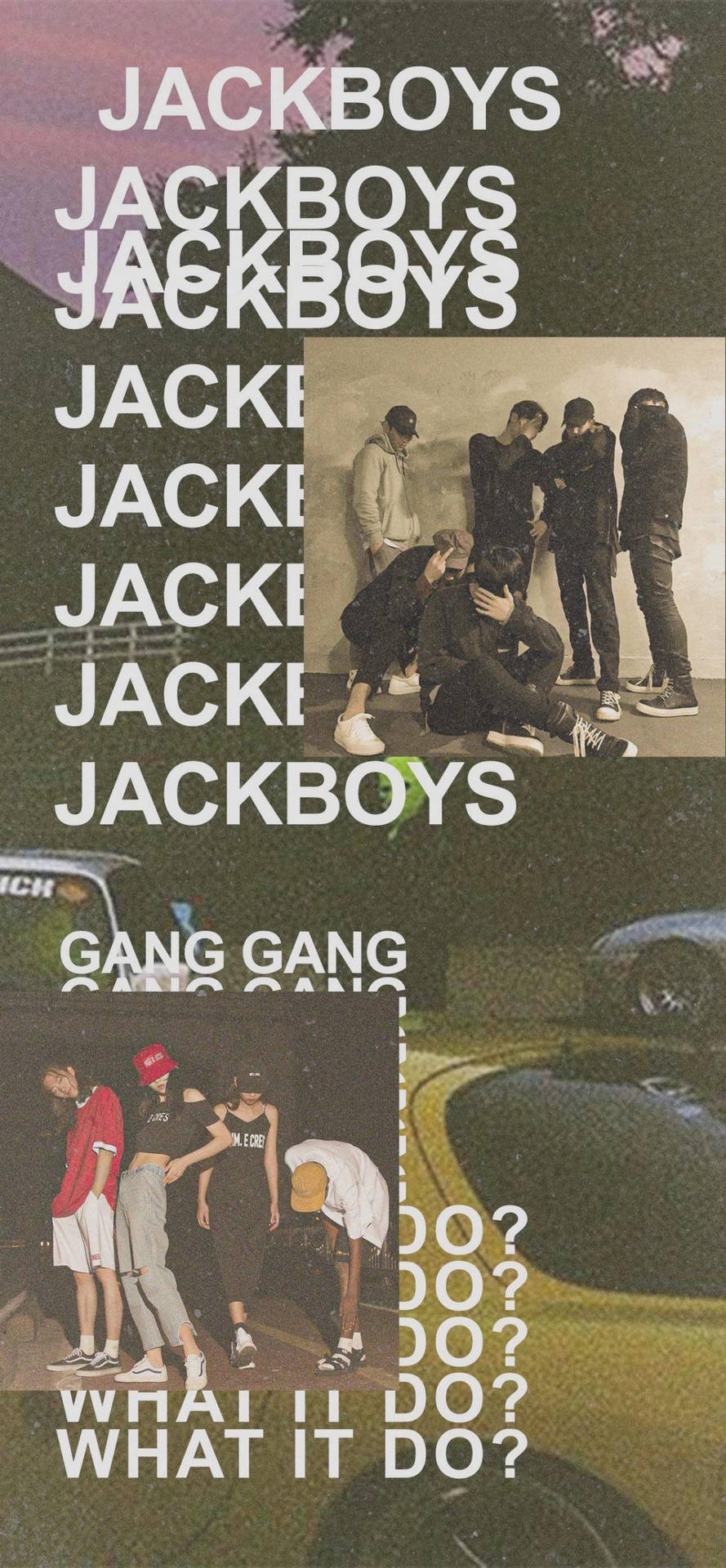Jackboys 樂團成員以街頭風格姿勢，搭配重複文字和汽車圖形。 — 黑袍糾察隊 GIF 壁紙