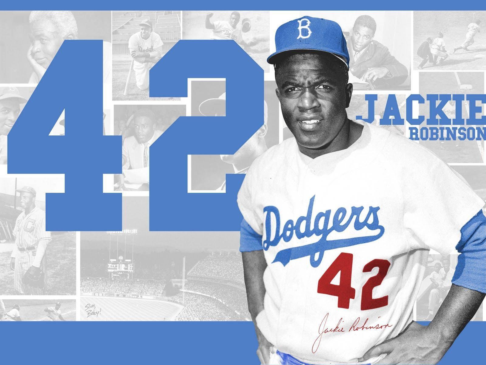 Jackie Robinson 身穿道奇隊球衣背號42，附有他棒球生涯的拼貼畫。 — MLB 壁紙