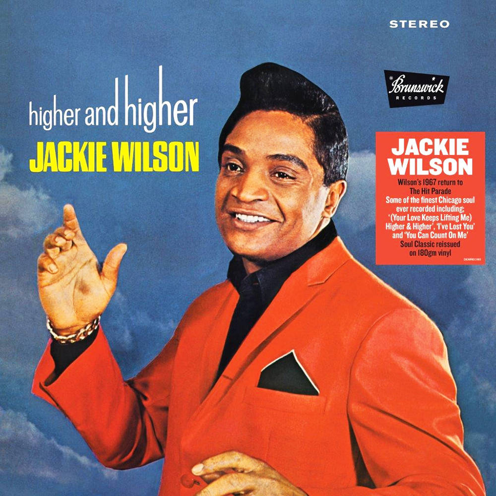 Singer 桌布 壁紙 — Jackie Wilson 身穿大膽的紅色西裝，在復古專輯封面上對著藍天背景微笑並做手勢。