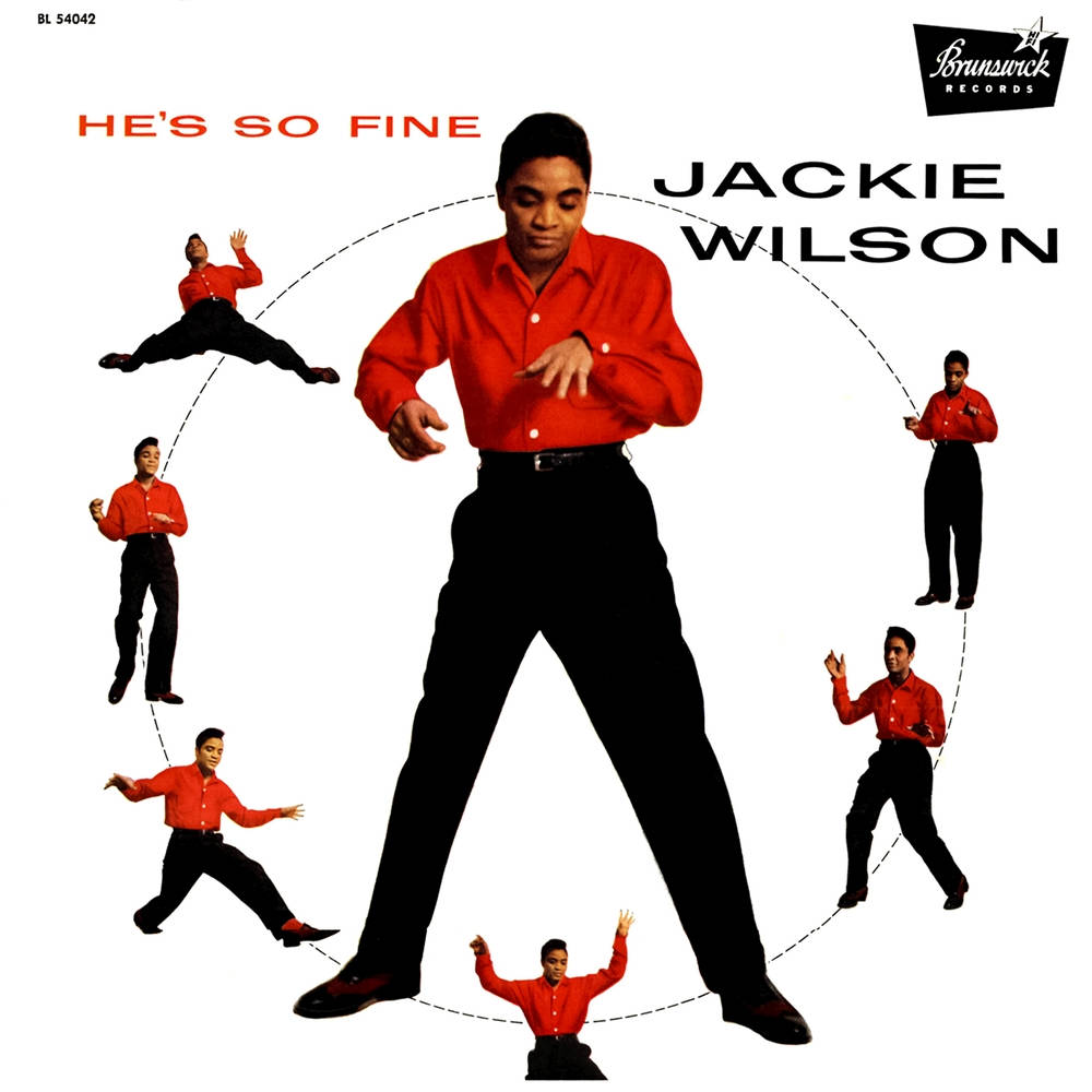 Singer 桌布 壁紙 — Jackie Wilson 身穿大膽紅色襯衫，被多個跳舞姿勢環繞，背景為白色。