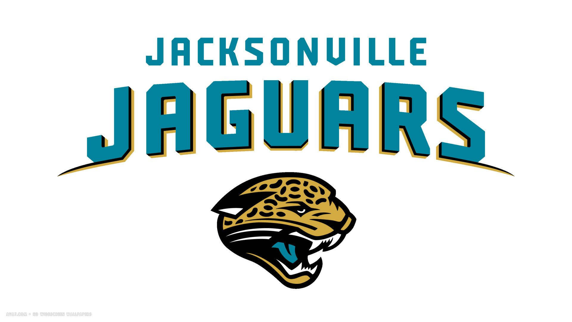 傑克遜維爾美洲虎 桌布 壁紙 — Jacksonville Jaguars 標誌，帶有青綠色、金色和黑色的美洲虎頭部以及白色背景上粗體拱形球隊名稱。