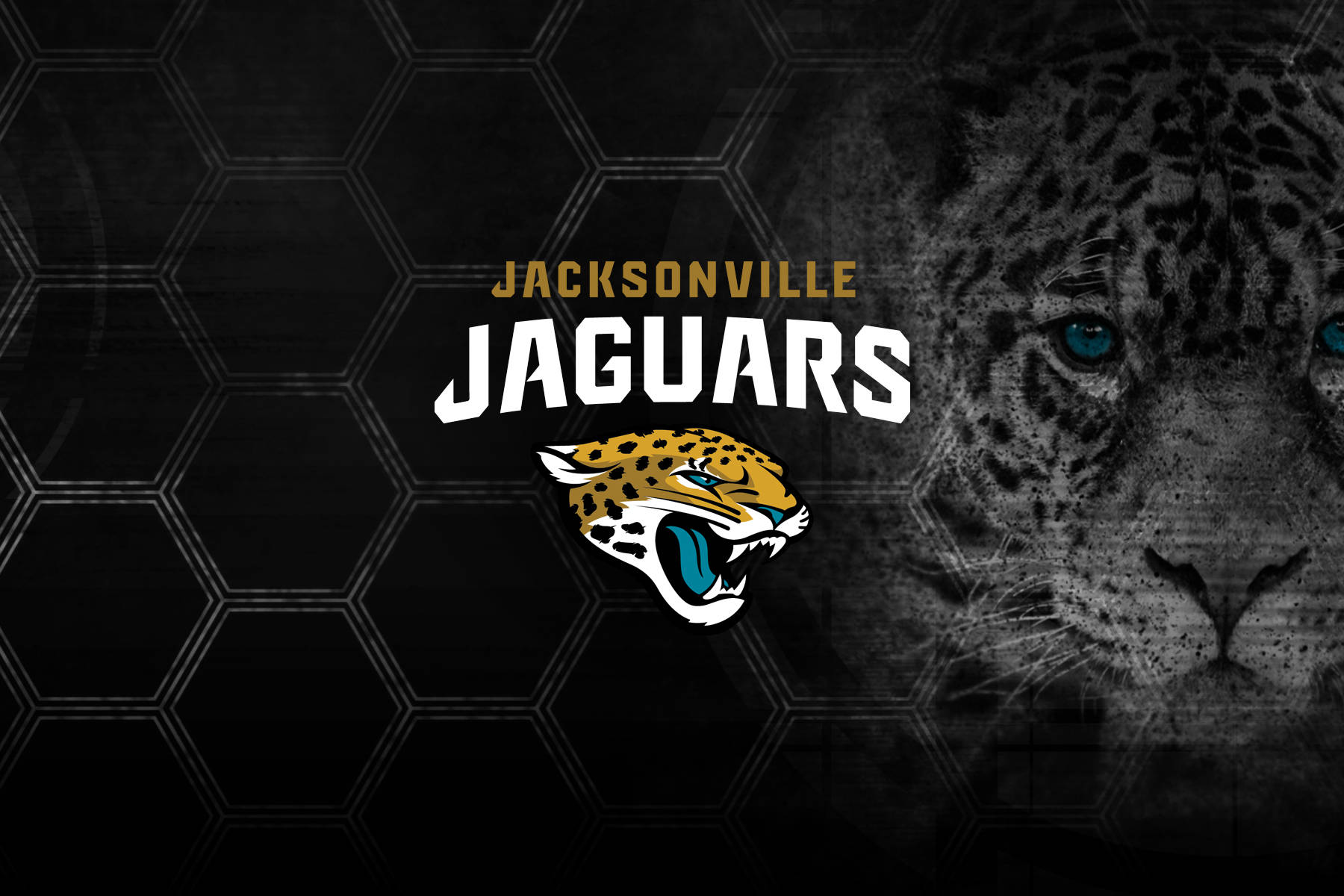 Jaguars 桌布 壁紙 — Jacksonville Jaguars 標誌，咆哮的美洲豹頭部，背景為深色六角形圖案。