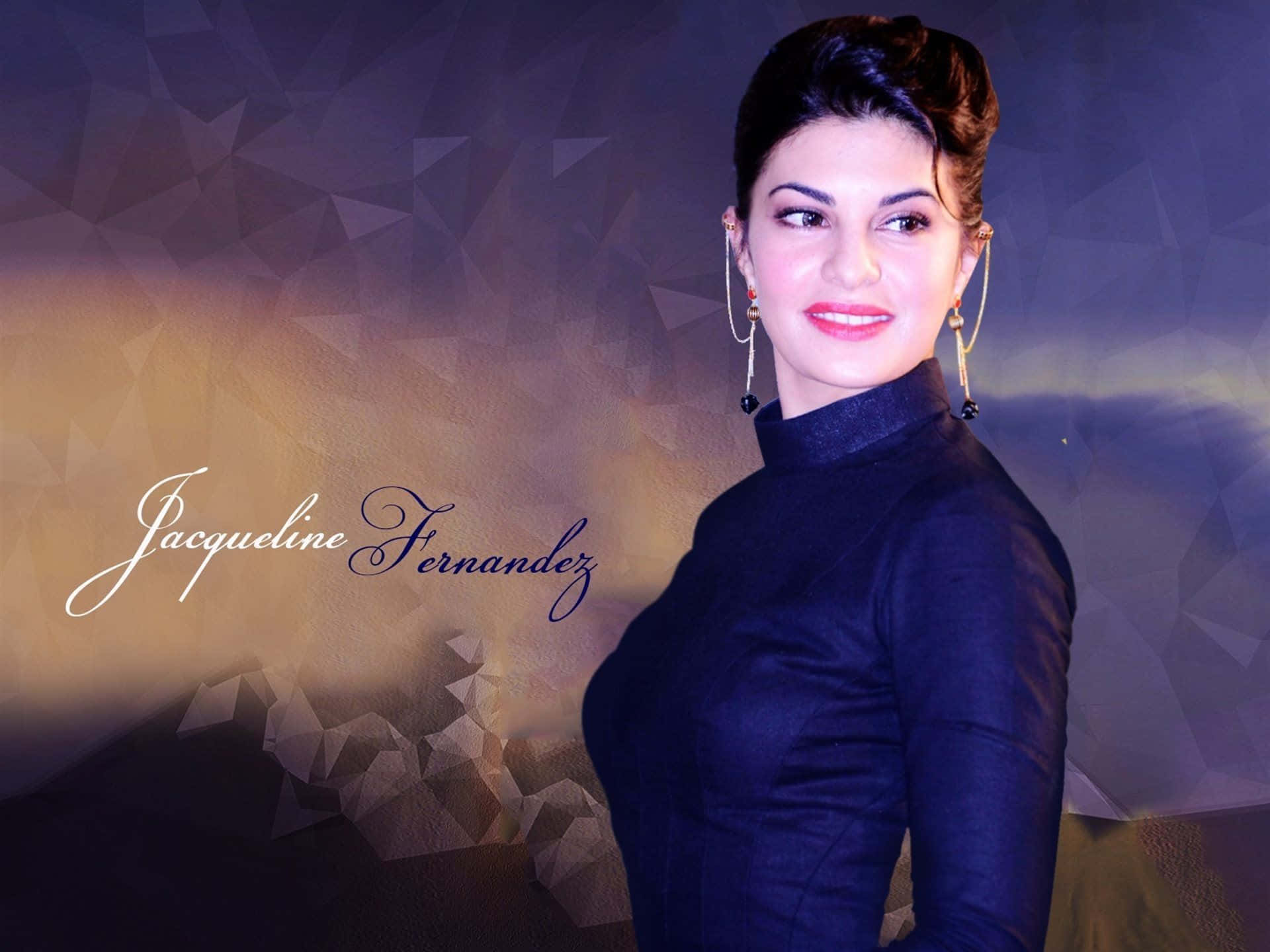 Jacqueline Fernandez 桌布 壁紙 — Jacqueline Fernandez 身穿深藍色高領毛衣，在溫暖燈光下以幾何漸變背景擺姿勢。