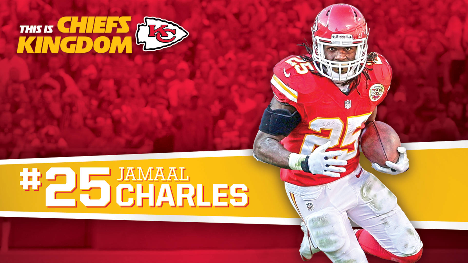 美式足球運動員 Jamaal Charles 身穿酋長隊制服帶球奔跑。 — 酋長 GIF 壁紙