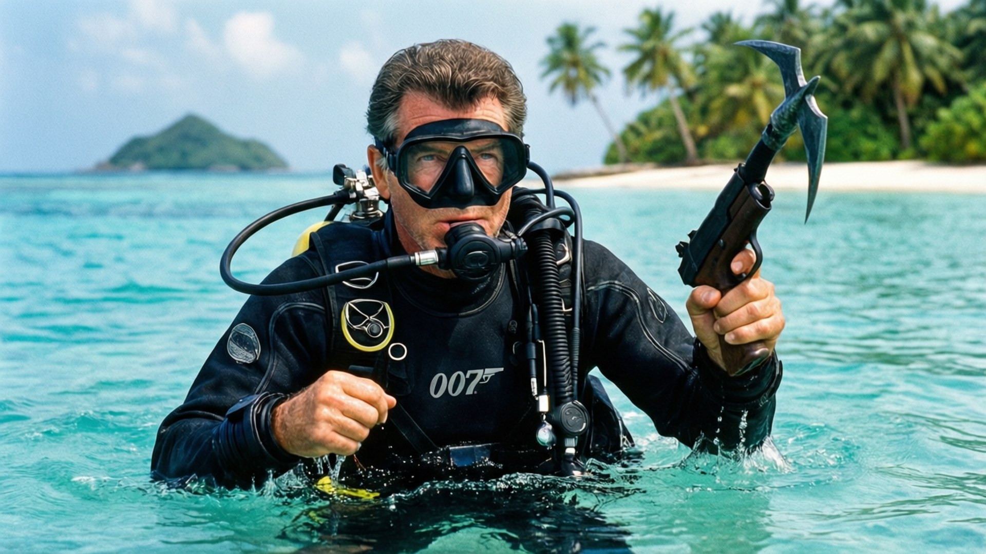 pierce brosnan 桌布 壁紙 — 詹姆士·龐德身穿潛水裝備，從碧綠海水中浮出，手持魚槍，背景是棕櫚樹環繞的島嶼。