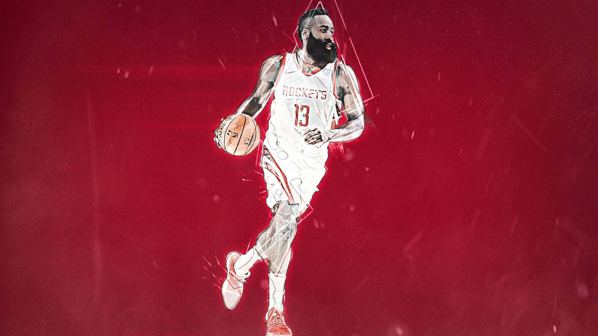 詹姆斯·哈登身穿白色火箭隊球衣，在紅色背景上運球。 — NBA 壁紙