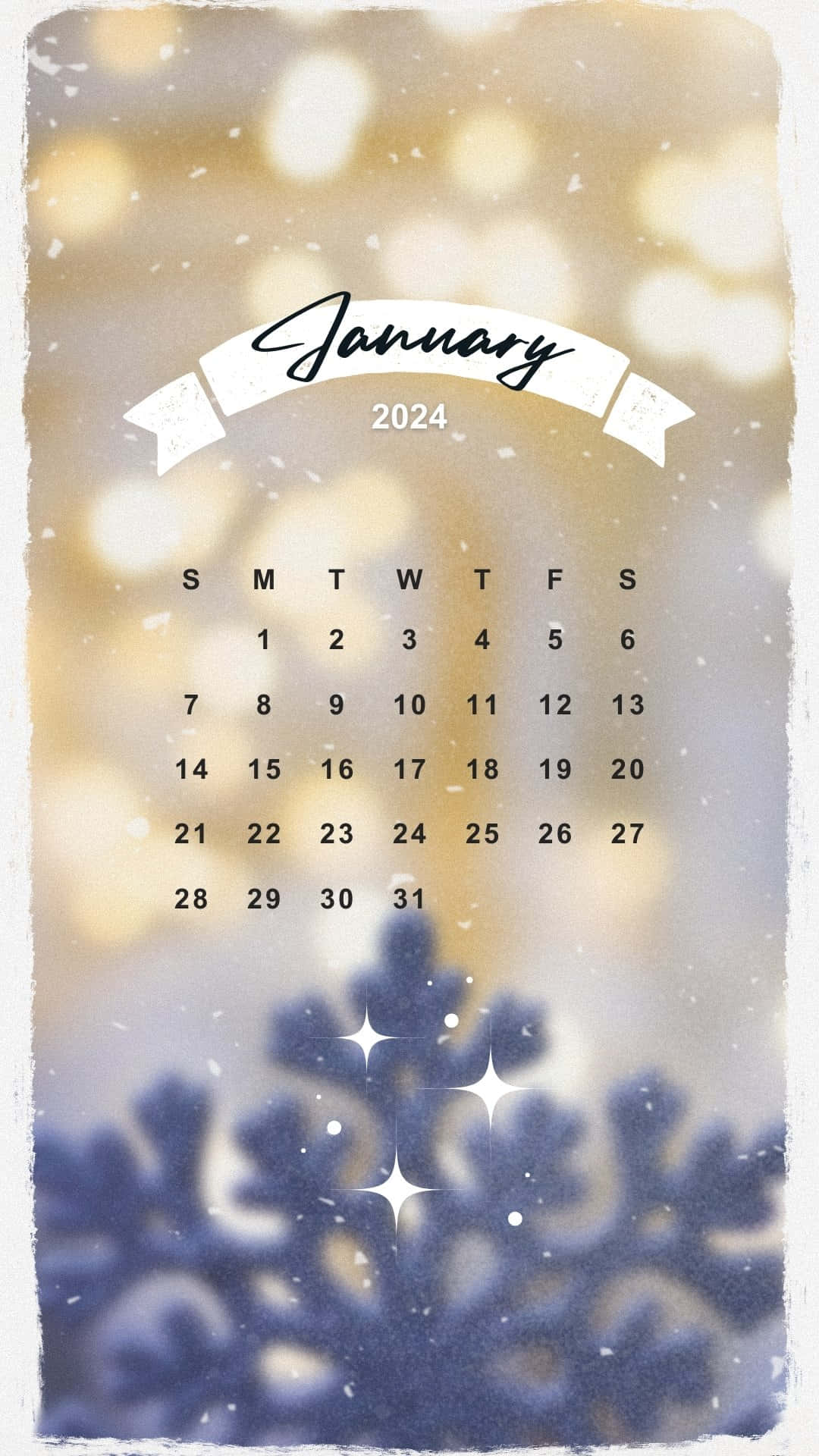  壁紙 — 2024年1月日曆，溫暖散景背景上優雅的字體，飄落的雪花和冰藍色花卉圖案。