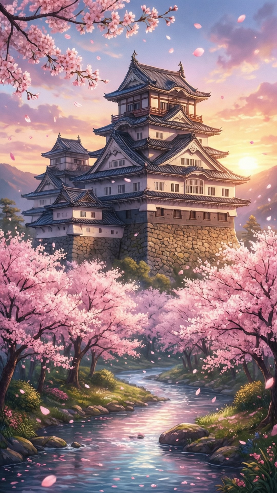 Cherry Blossom Castle 壁紙 — 一座雄偉的日本城堡在盛開的櫻花樹中寧靜地矗立，粉紅色的花瓣在夕陽下飄過倒映著景色的河流。