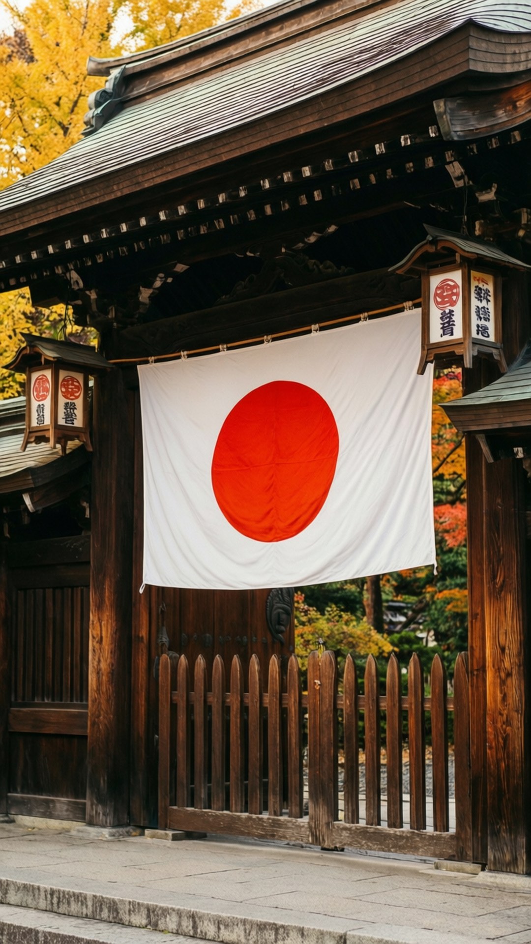 Flag at the Shrine 壁紙 — 一面日本國旗從傳統木門上顯眼地懸掛，周圍環繞著秋葉和燈籠。