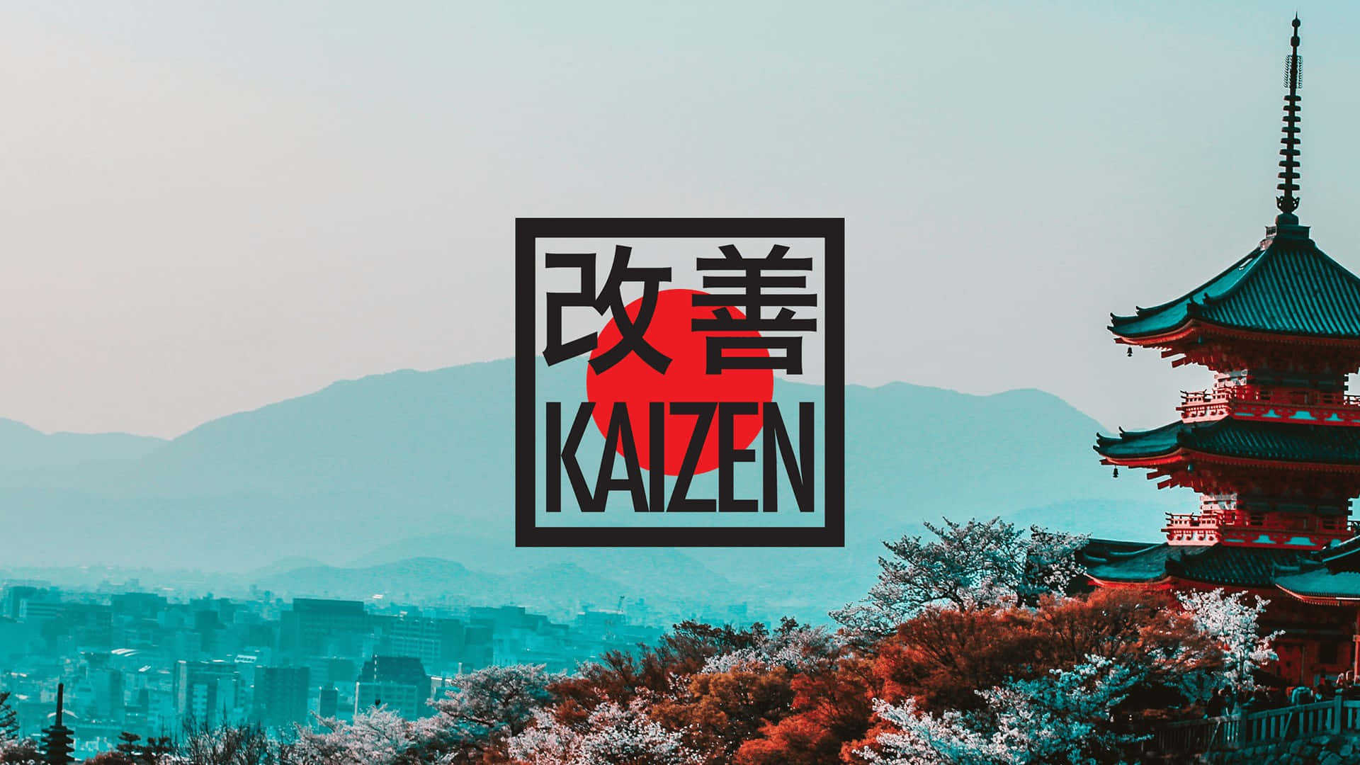  壁紙 — 一座日本塔矗立在櫻花中，帶有「Kaizen」標誌疊加在朦朧的城市景觀和山脈上。