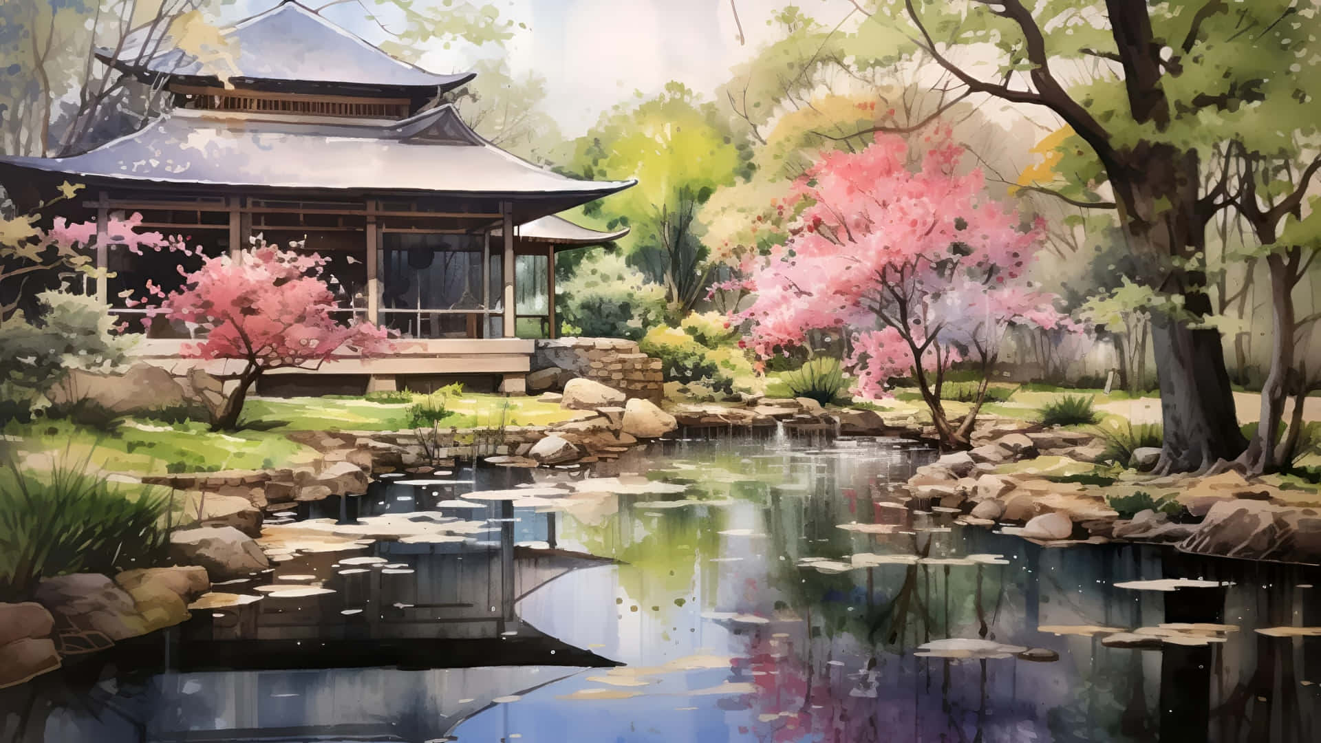  壁紙 — 一座傳統日本亭閣坐落在寧靜的池塘旁，池塘中有粉紅色的櫻花和睡蓮，在柔和的光線下。