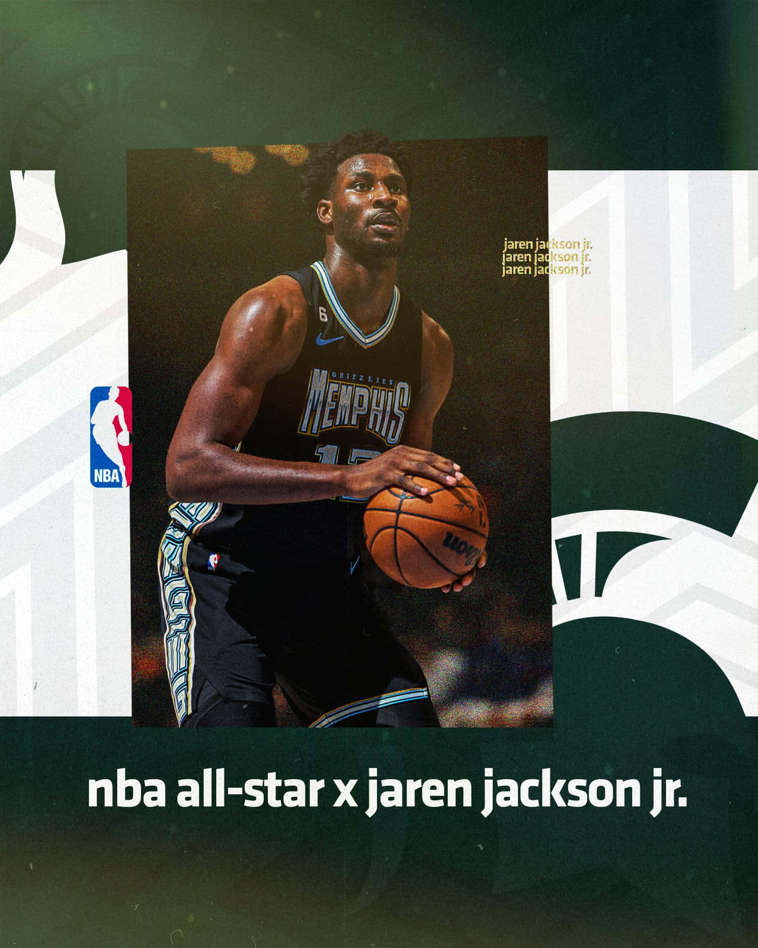 NBA全明星Jaren Jackson Jr.身穿曼菲斯灰熊隊制服，拿著籃球。 — Michael B Jordan 壁紙