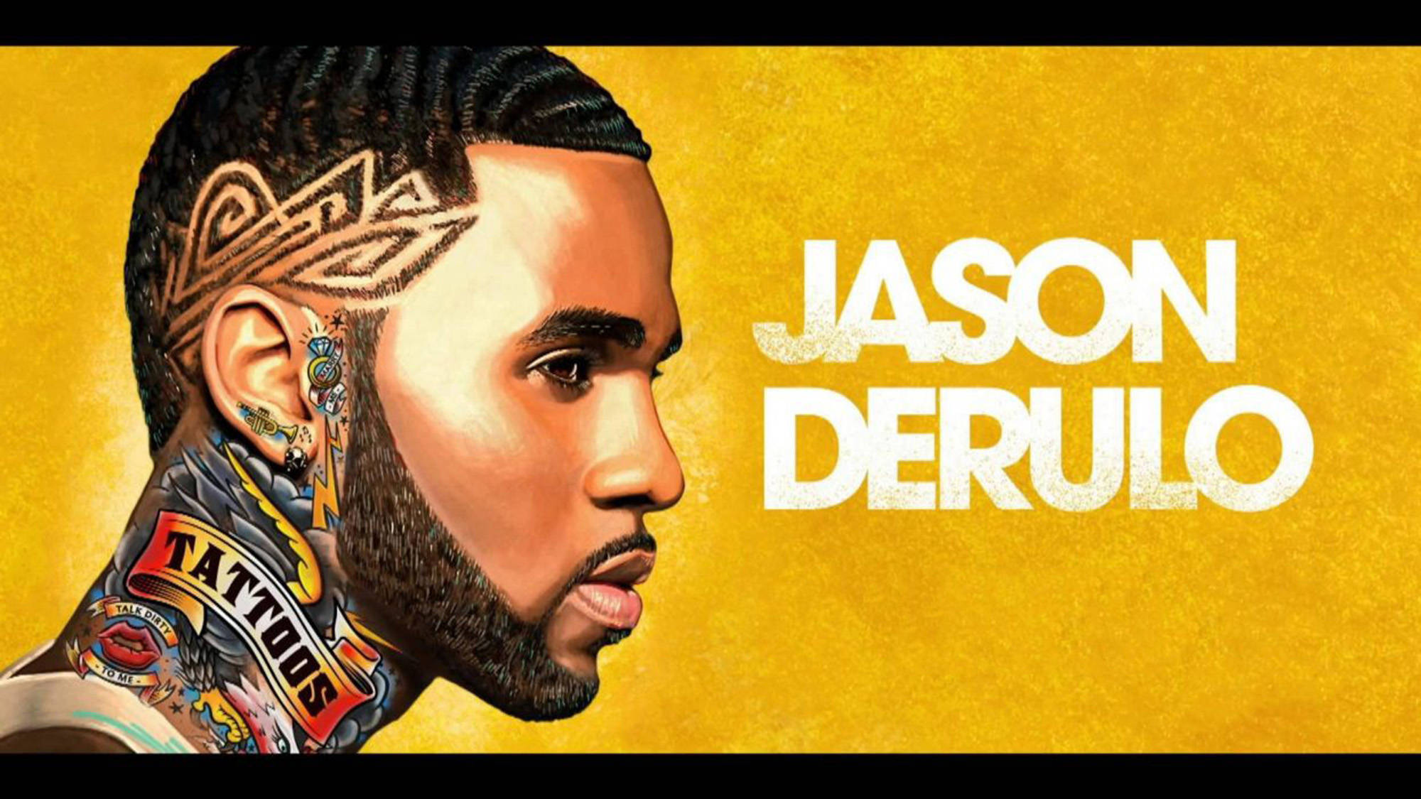 jason 桌布 壁紙 — Jason Derulo 的風格化側面肖像，背景為帶紋理的金色，並配有粗體白色文字。