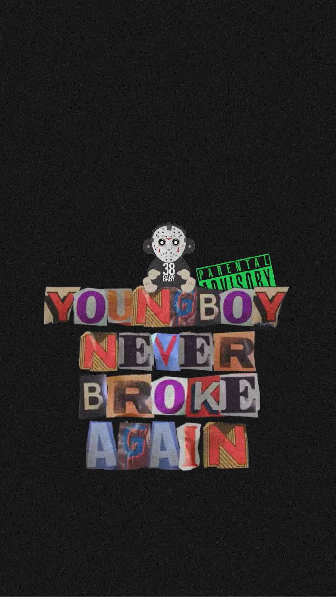 傑森·沃赫斯面具在彩色文字拼貼上方手持家長指引貼紙。 — NBA Youngboy 壁紙