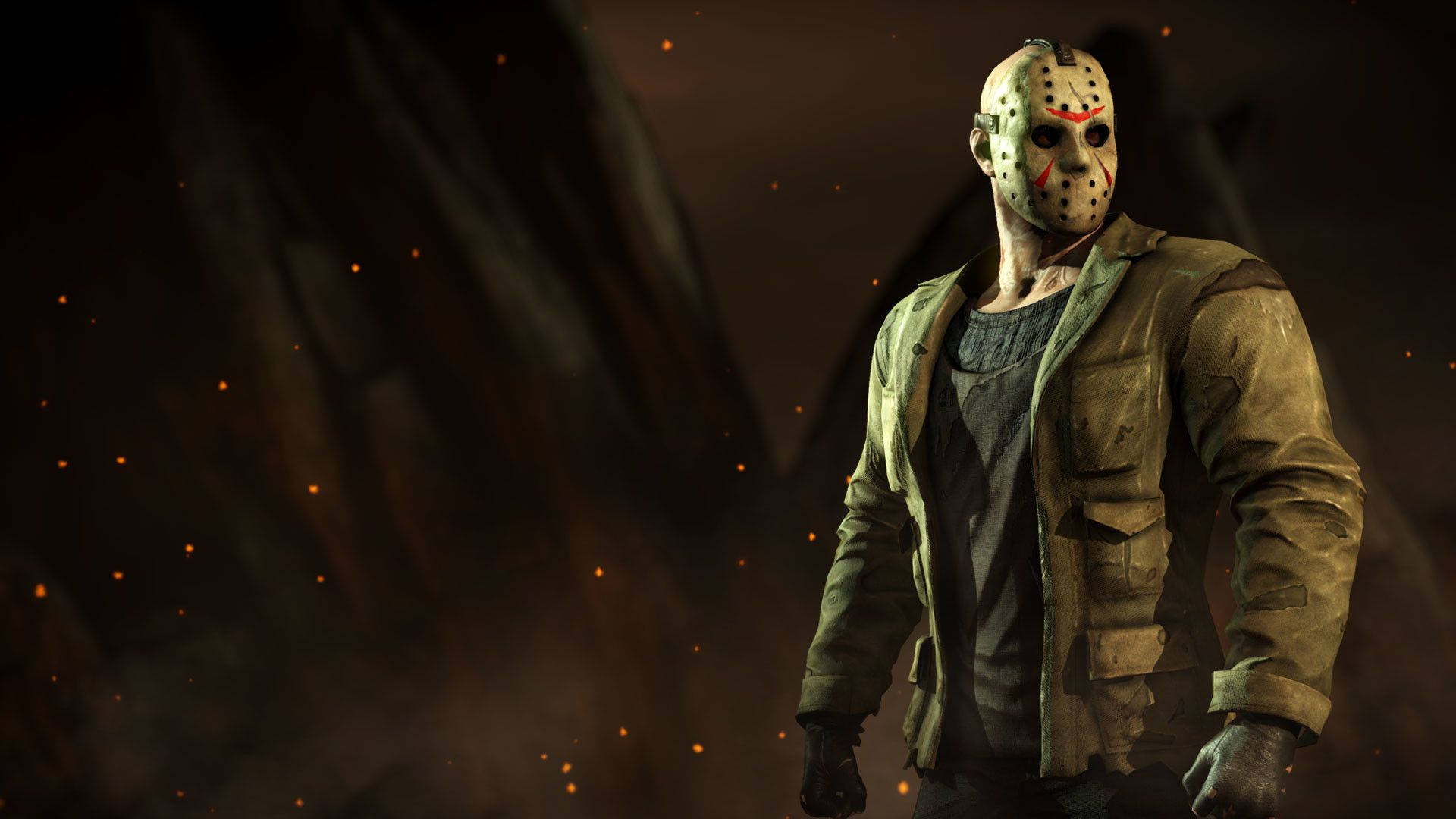 jason 桌布 壁紙 — Jason Voorhees 在黑暗煙霧環境中威嚇地站立，周圍漂浮著發光的餘燼。