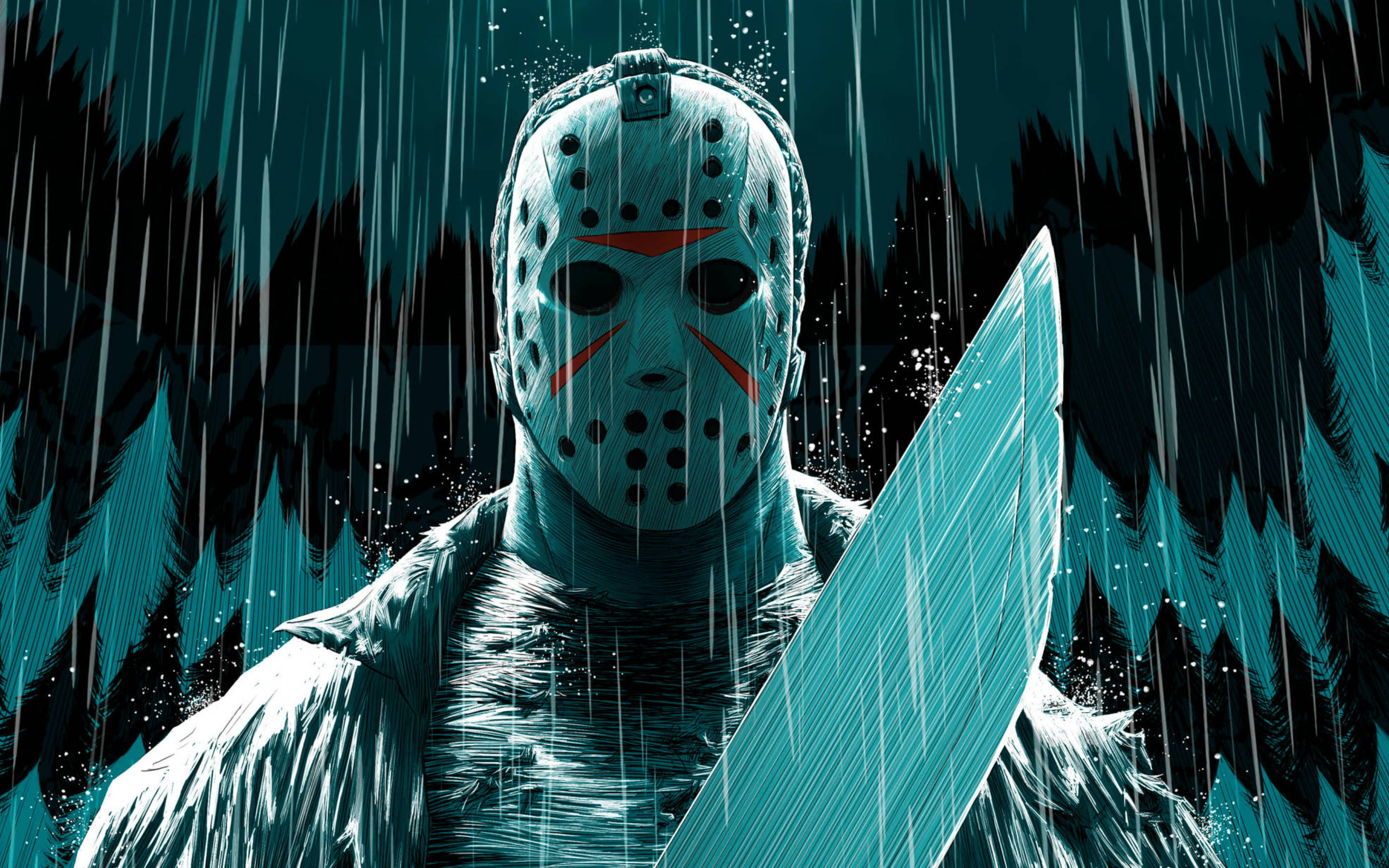 Friday 桌布 壁紙 — Jason Voorhees 在雨淋濕的森林中威嚇地站立，在藍綠色和黑色的暴風雨天空下拿著一把大刀。