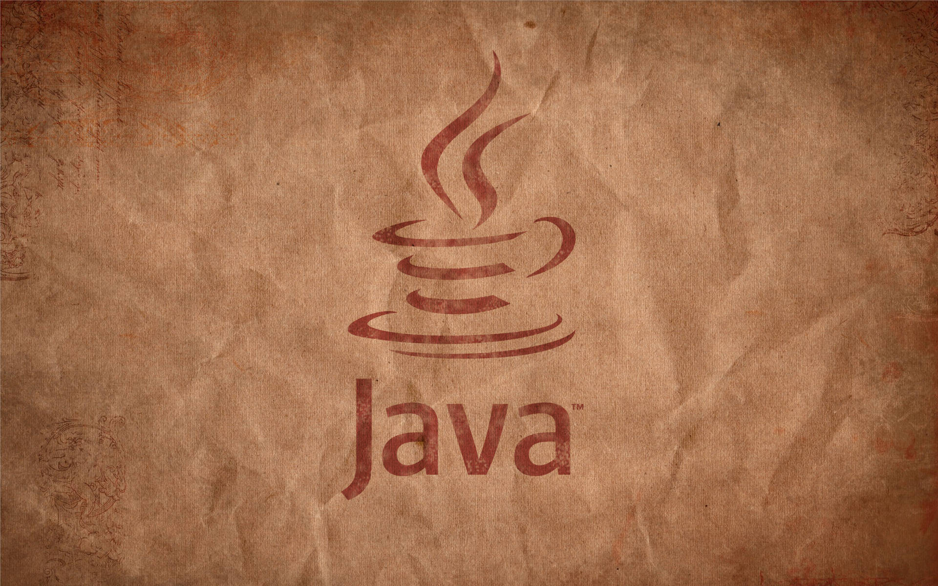 Java 程式設計標誌以紅色印在帶有裝飾邊框的陳舊皺紙上。 — 4K程式壁紙 壁紙