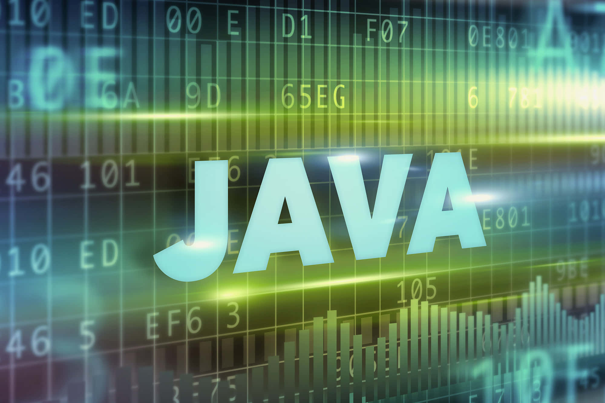 程式碼 桌布 壁紙 — 「JAVA」一詞在綠色和黃色的十六進位代碼及數據條的數位背景上發出淺藍色光芒。
