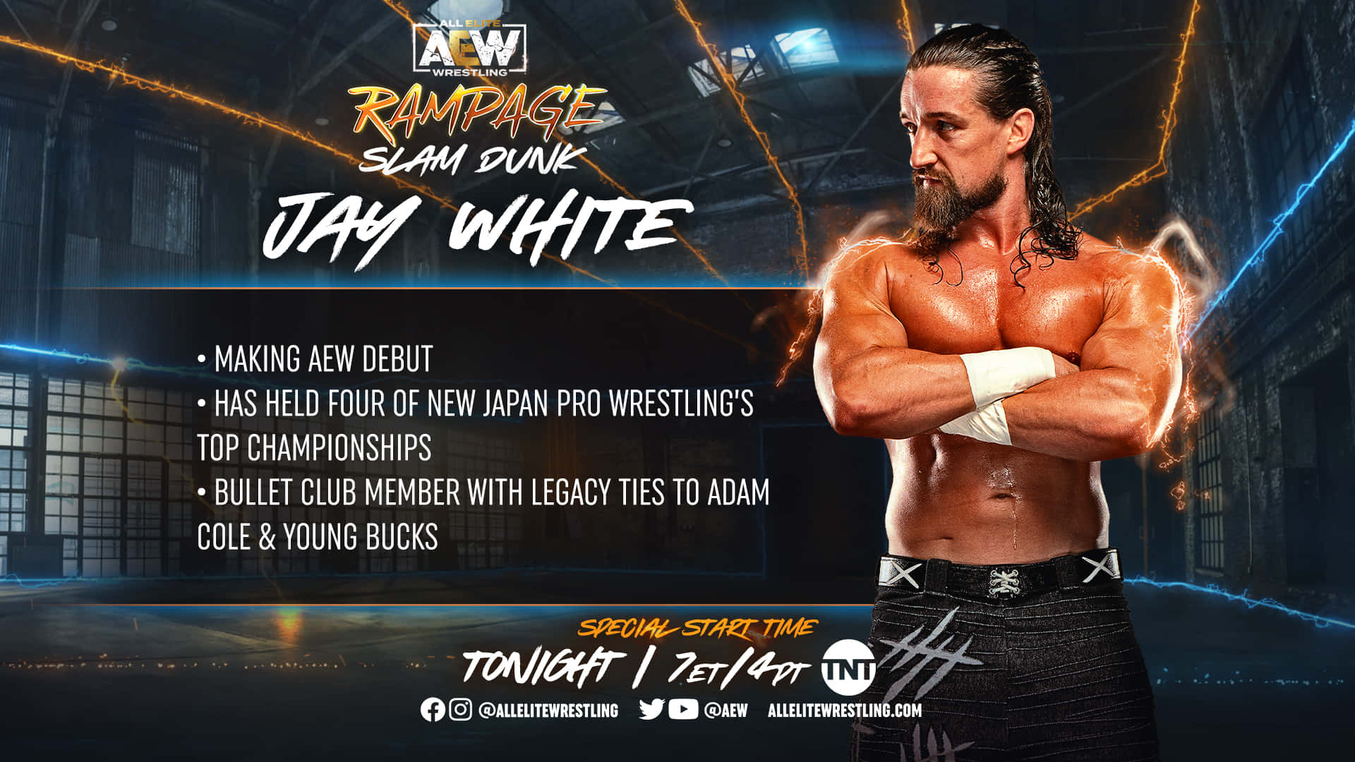 Aew 桌布 壁紙 — Jay White 自信地交叉雙臂站在黑暗的工業競技場中，發光的電光效果在他周圍劈啪作響。
