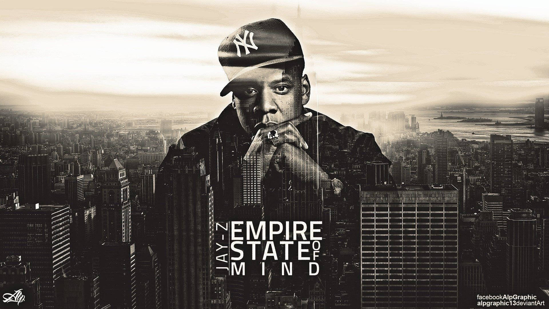 Jay-z 桌布 壁紙 — Jay-Z 戴著 Yankees 帽子，手持香菸，背景是紐約的懷舊色調天際線，並帶有 'Empire State of Mind' 文字。