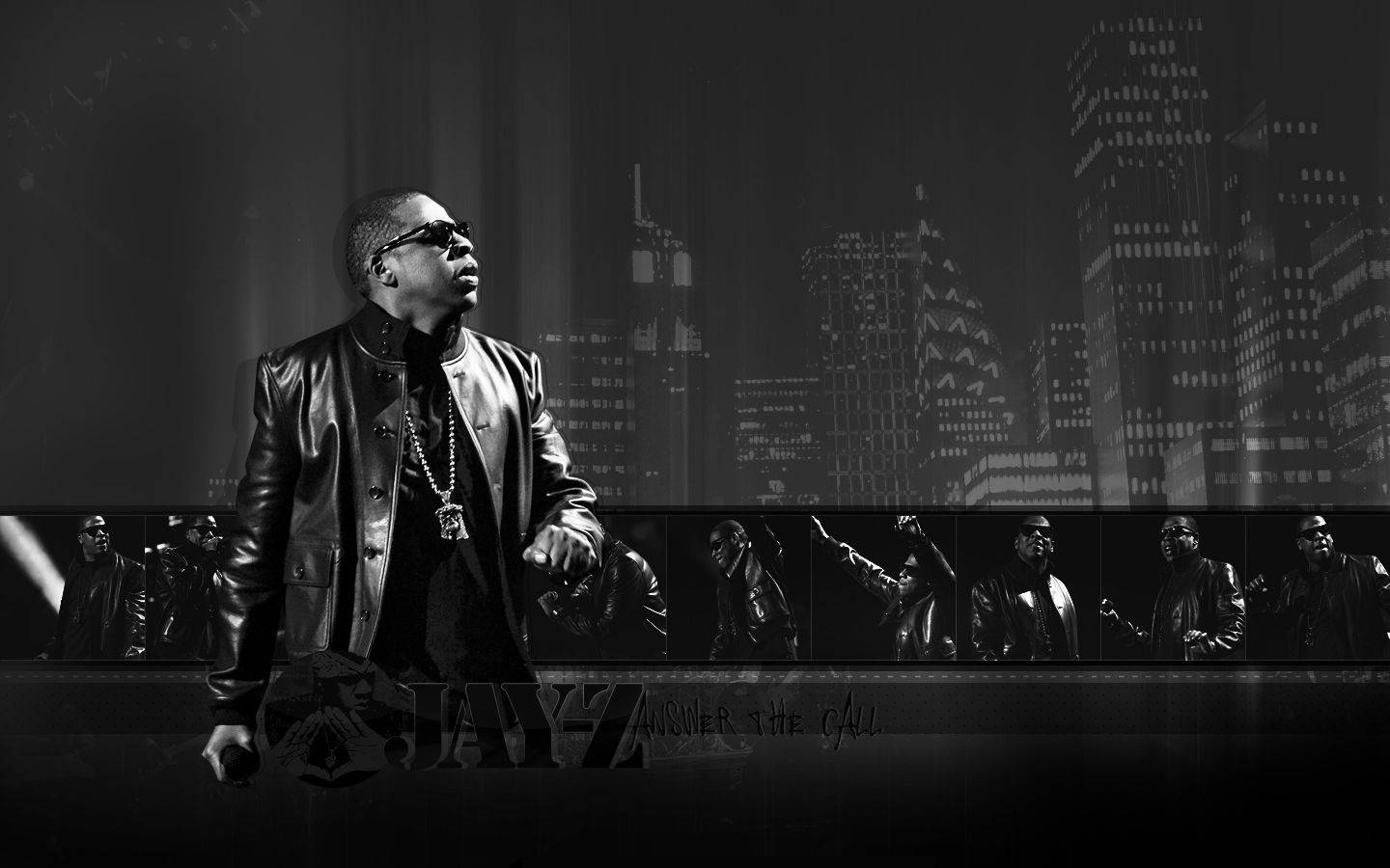 Jay-z 桌布 壁紙 — Jay-Z 身穿皮夾克站在城市天際線前的黑白肖像，下方有多個動作姿勢。
