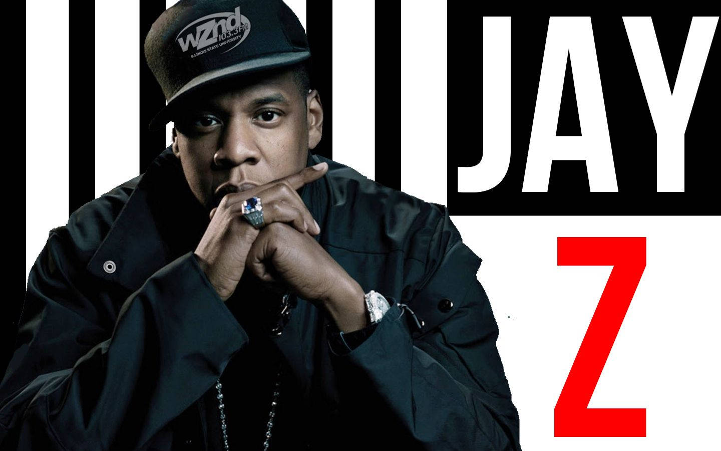 Jay-z 桌布 壁紙 — Jay Z 雙手交疊於下巴下方，對著大膽的黑白紅圖形文字凝視。