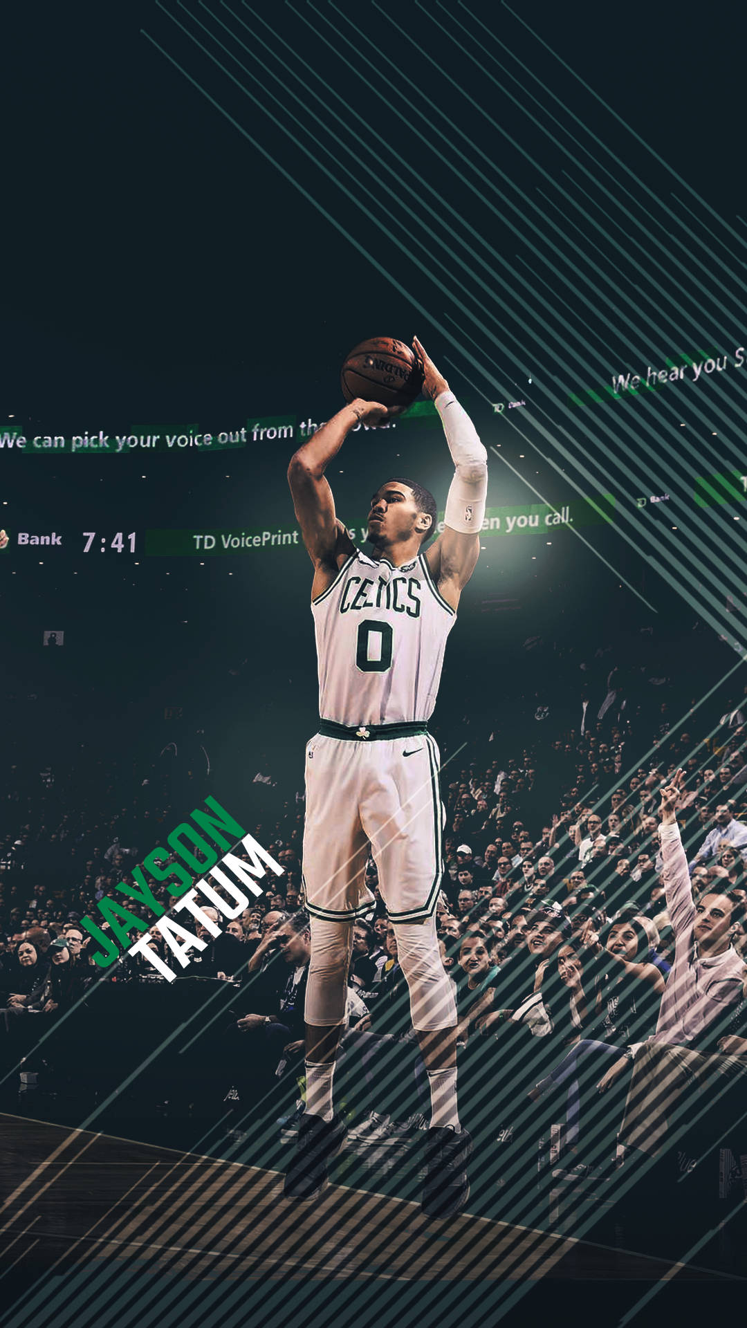 Jayson 桌布 壁紙 — Jayson Tatum 身穿塞爾提克球衣，在座無虛席的球場上投籃，帶有發光的數位疊加和動態對角線。