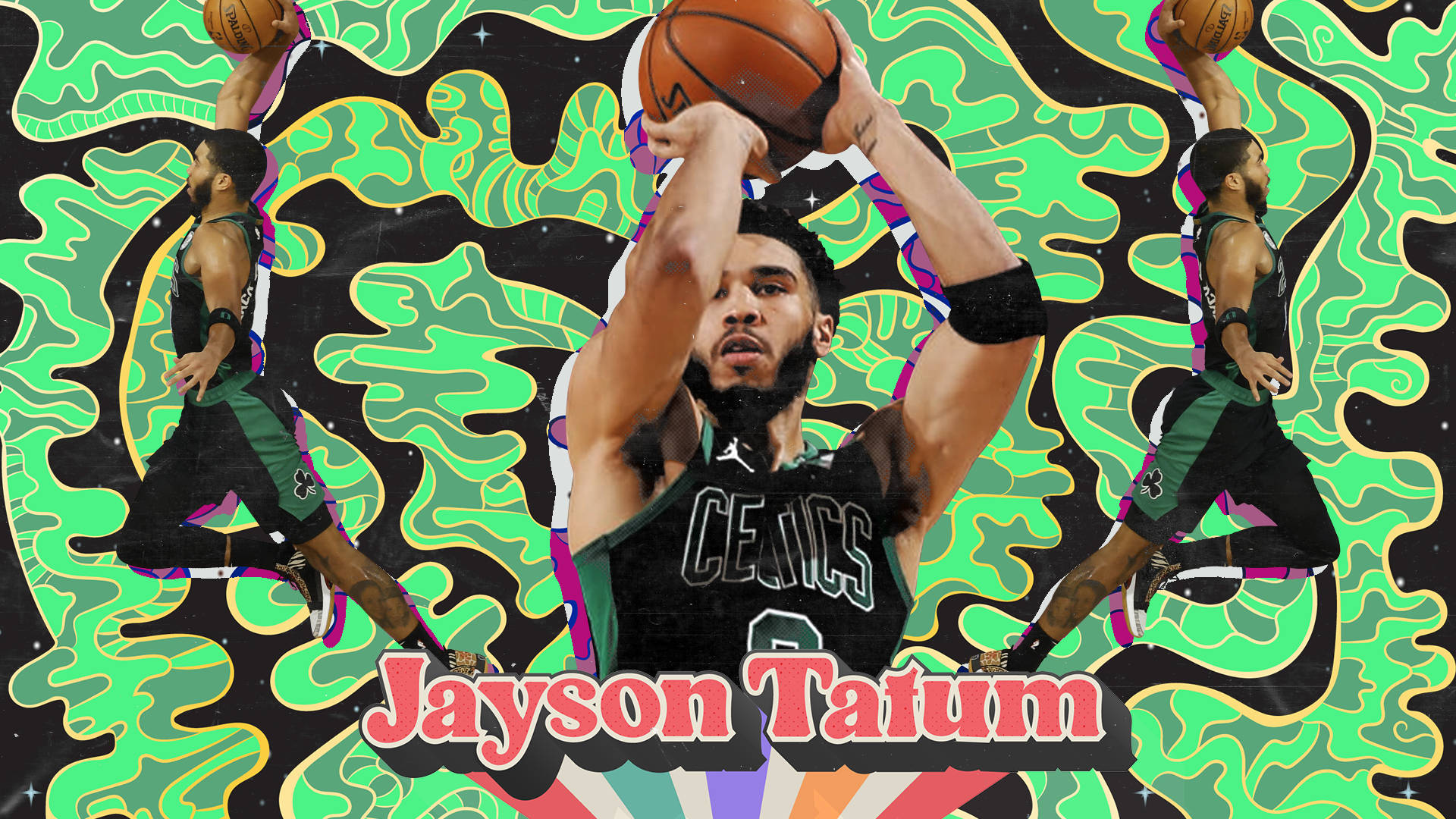 Jayson 桌布 壁紙 — Jayson Tatum 身穿塞爾提克球衣，在迷幻綠色和黑色旋轉背景下投籃。