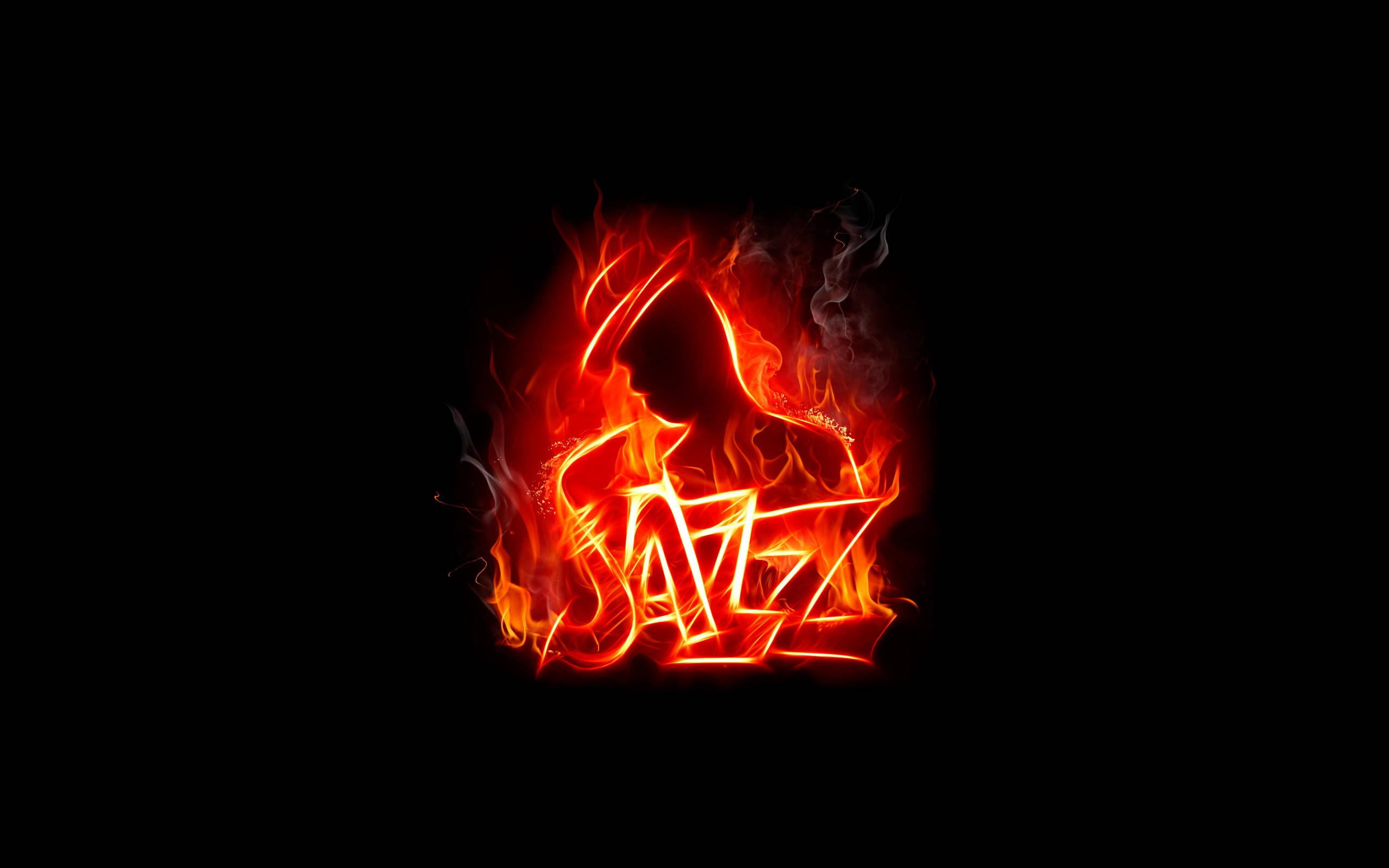火焰動畫 桌布 壁紙 — 「jazz」一詞在純黑背景上以鮮豔的橙色火焰燃燒，縷縷煙霧裊裊升起。