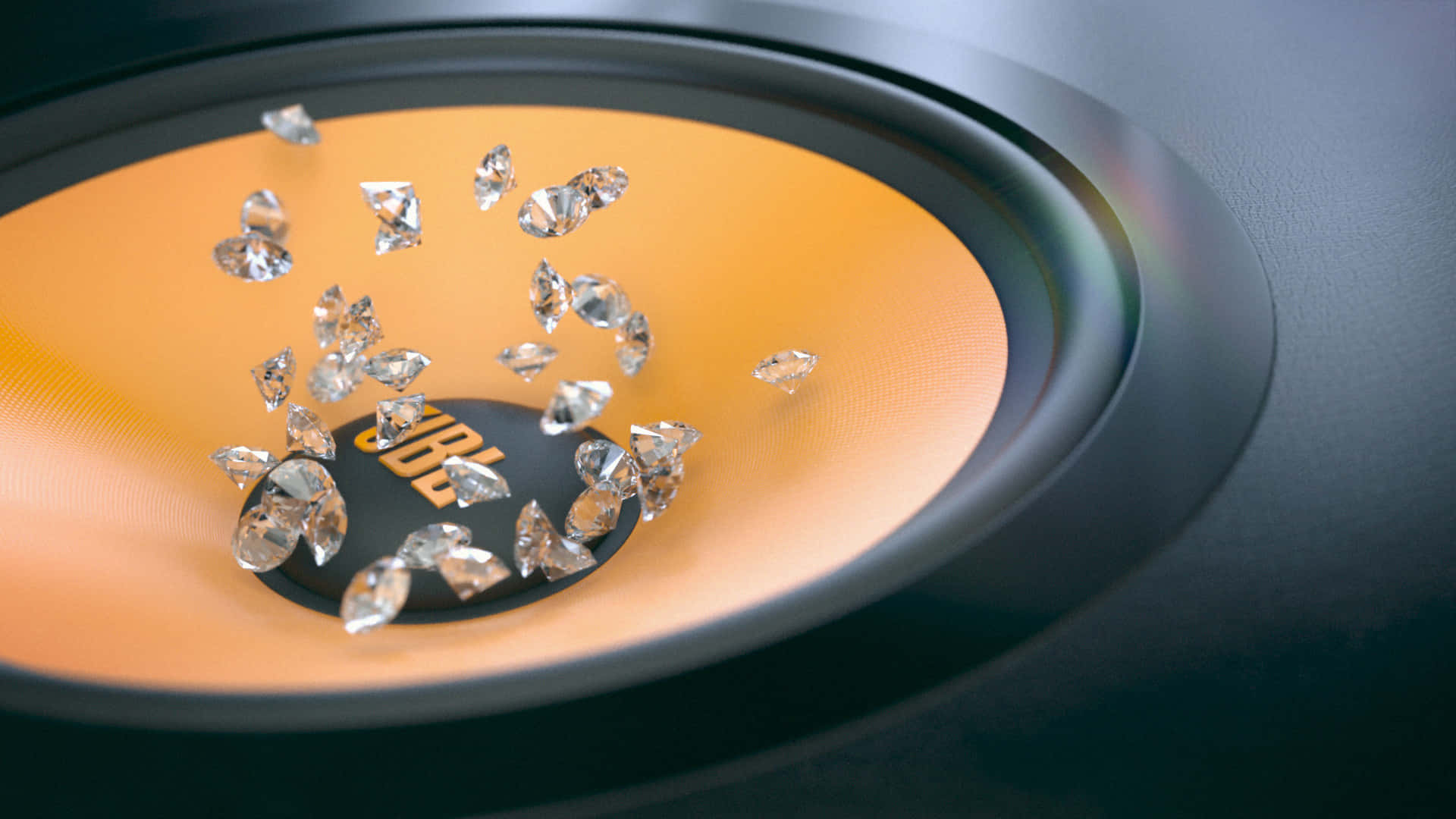 diamonds 桌布 壁紙 — JBL 喇叭錐體的近距離特寫，閃爍的鑽石懸浮在半空中，圍繞著品牌標誌。