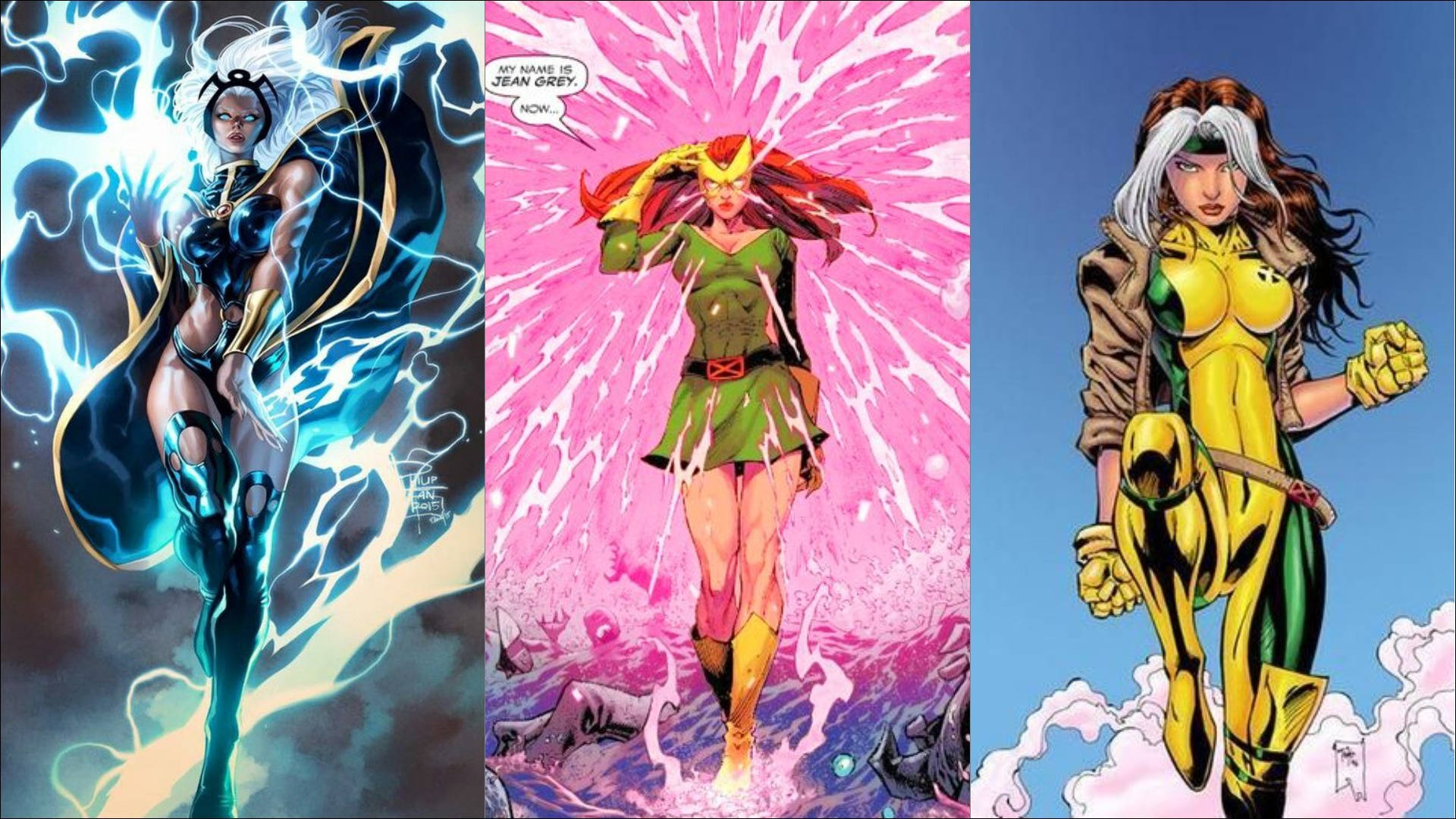 Jean 桌布 壁紙 — Jean Grey 在三個漫畫書面板中描繪，運用宇宙力量，帶有電藍色能量、粉紅色爆炸和黃綠色服裝，背景是天空。