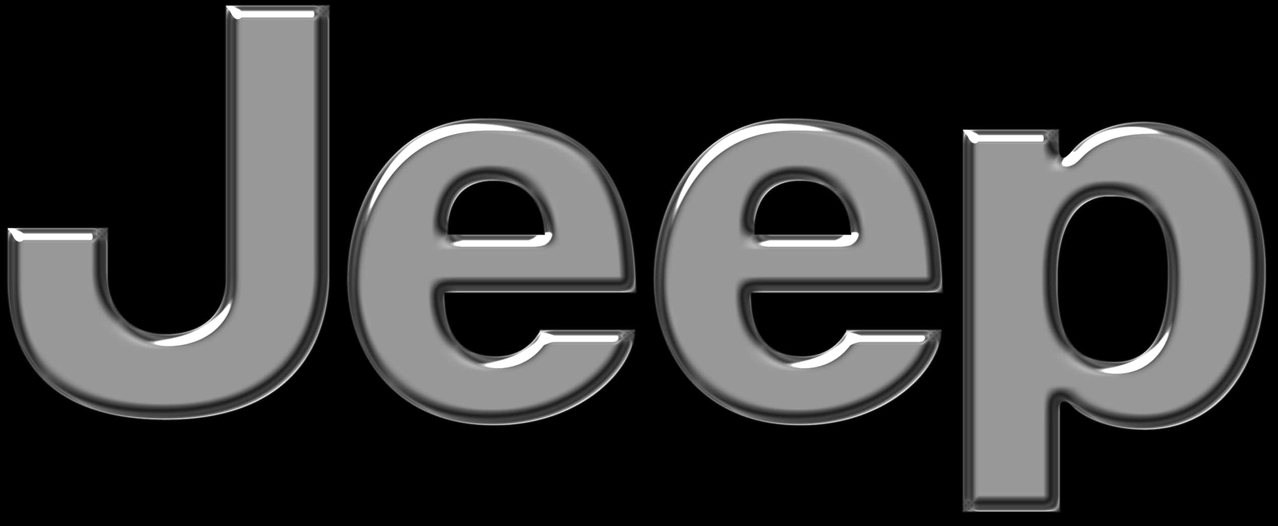 Jeep Logo 桌布 壁紙 — 「Jeep」一詞以粗體金屬銀色字體呈現，置於純黑背景上，帶有細微高光。