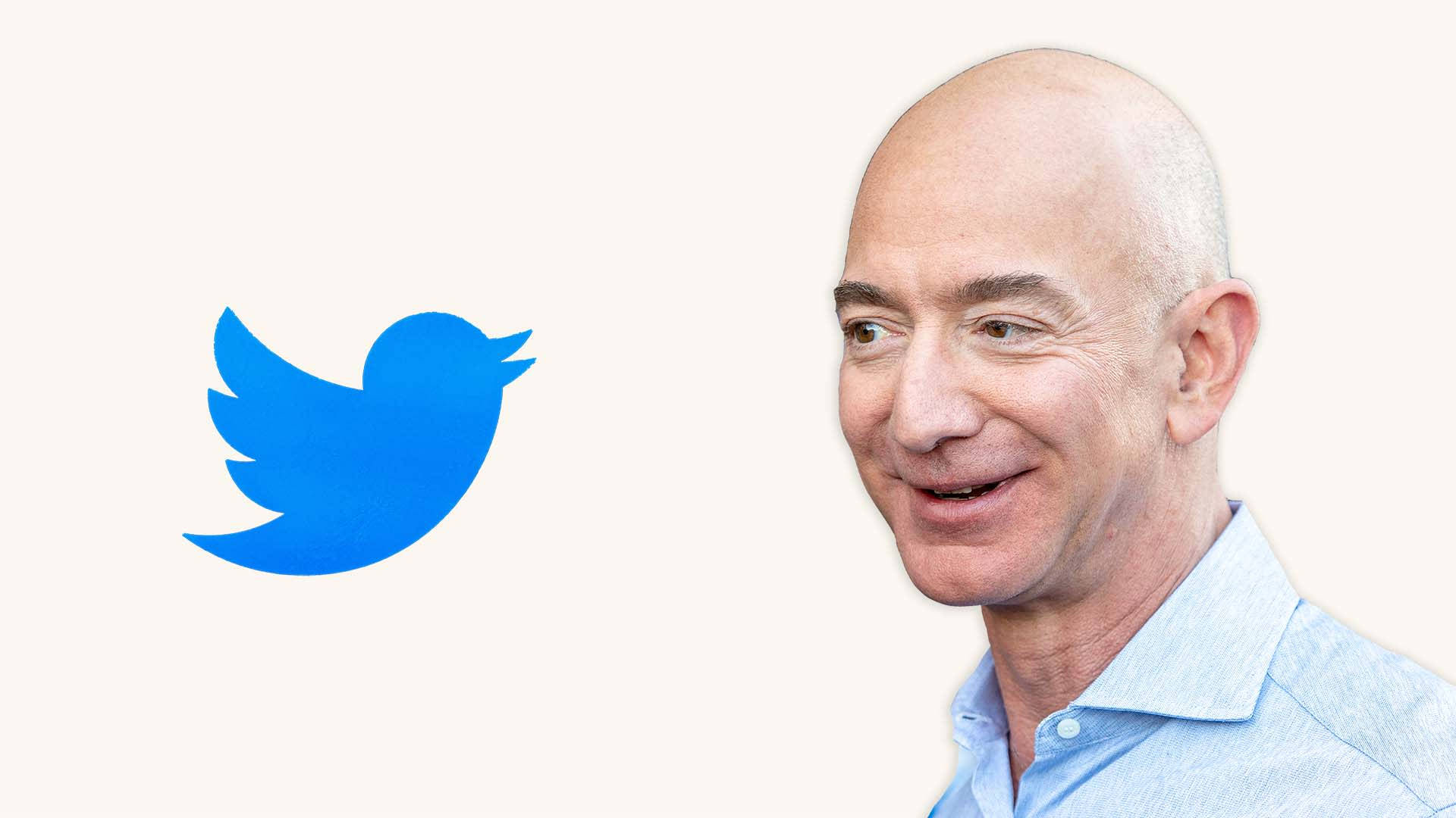Bezos 桌布 壁紙 — Jeff Bezos 在純色背景上，於藍色Twitter鳥標誌旁微笑。